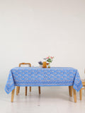 Luxury Floral Block Printed Tablecloth - Handmade Cotton Dining Table Cover in Light Blue Floral