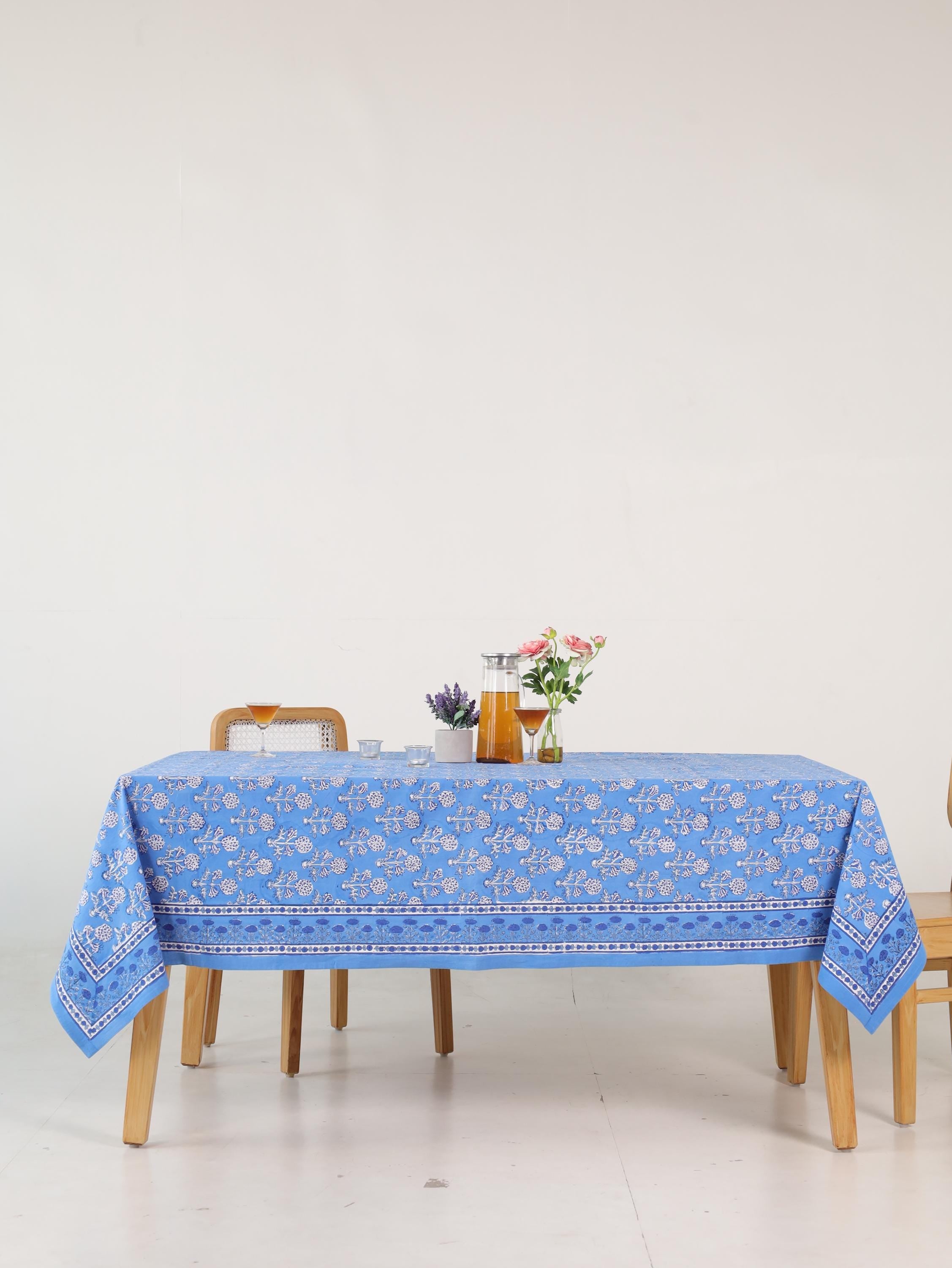 Luxury Floral Block Printed Tablecloth - Handmade Cotton Dining Table Cover in Light Blue Floral