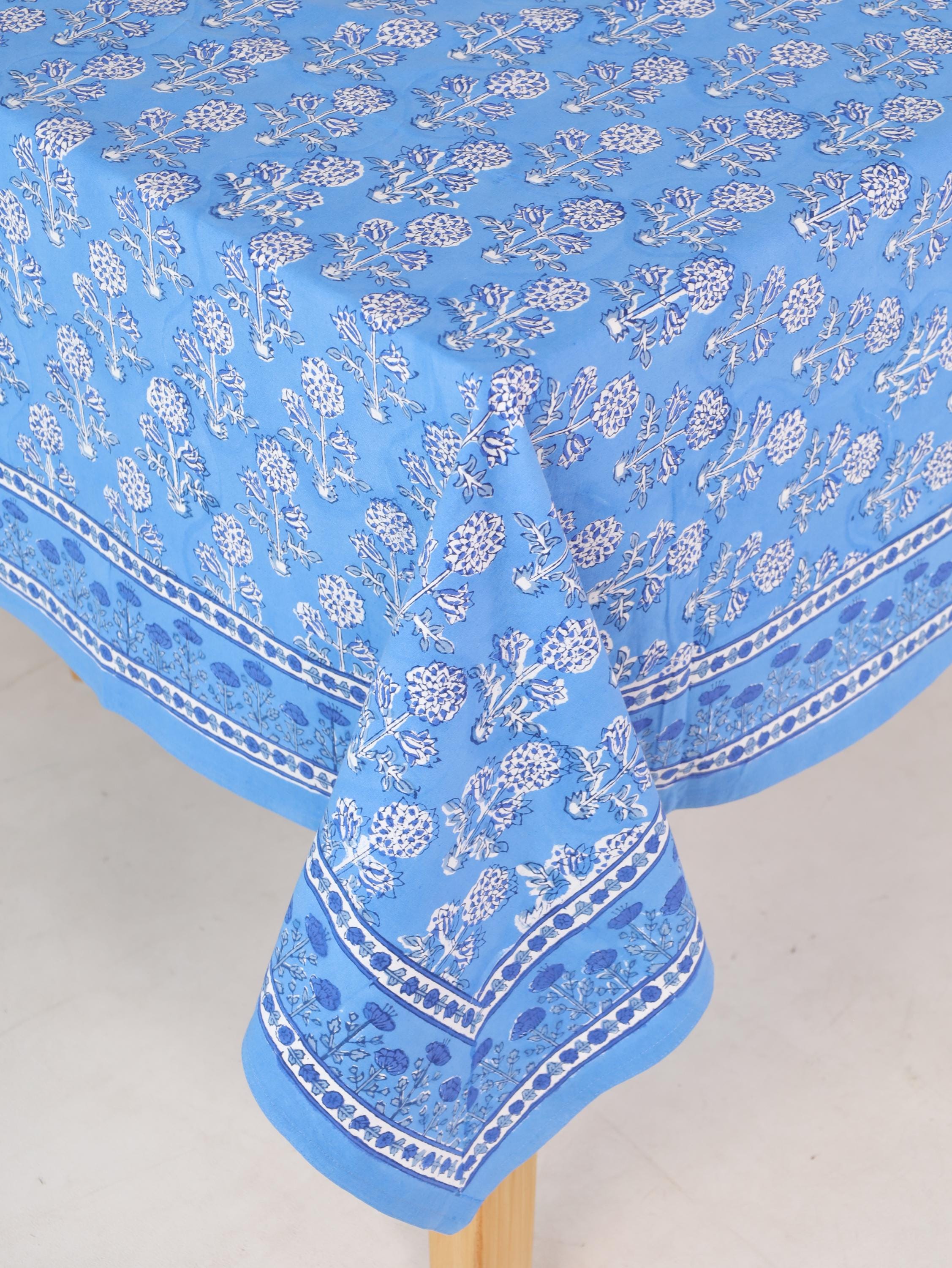Luxury Floral Block Printed Tablecloth - Handmade Cotton Dining Table Cover in Light Blue Floral