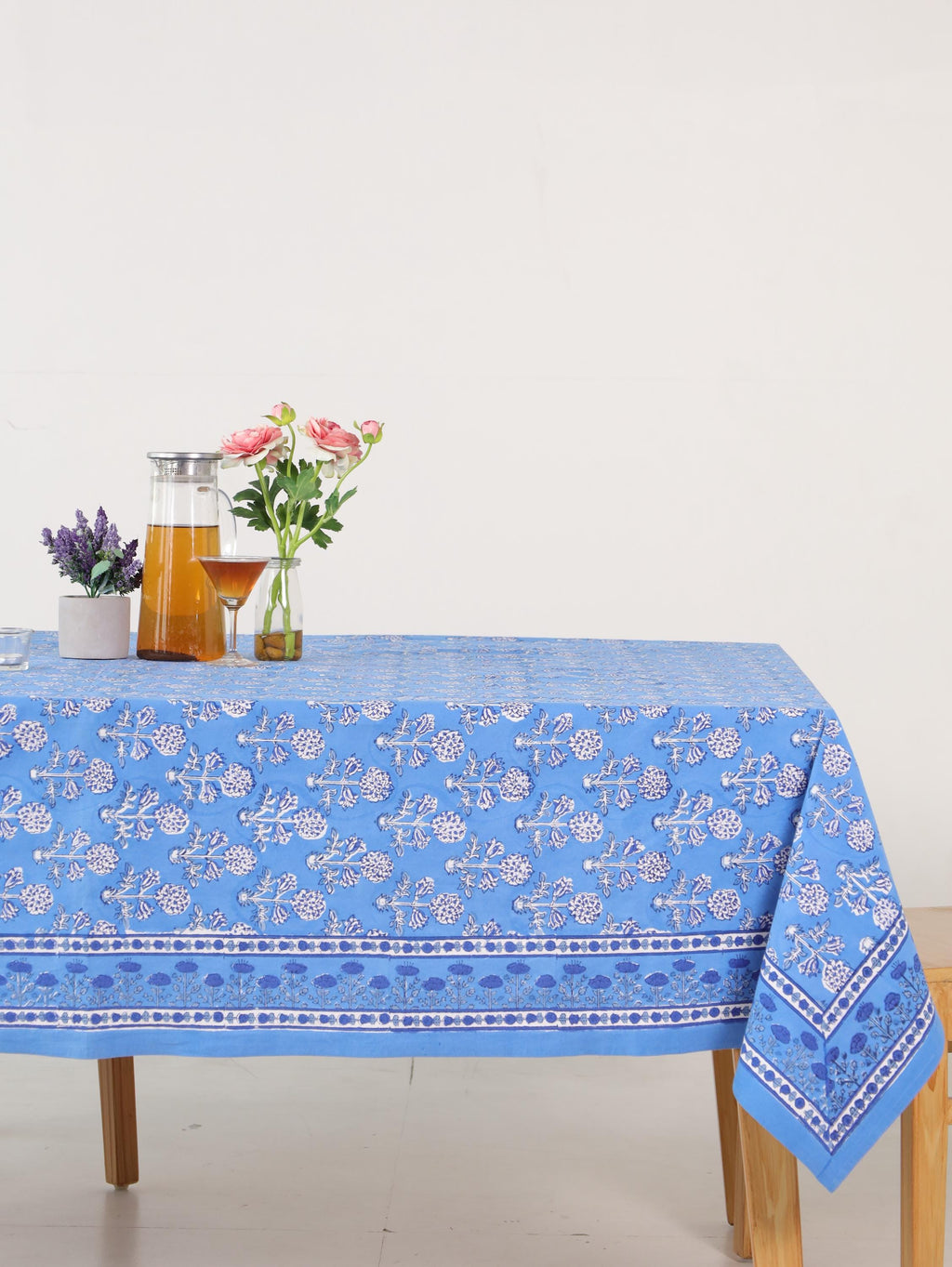 Luxury Floral Block Printed Tablecloth - Handmade Cotton Dining Table Cover in Light Blue Floral