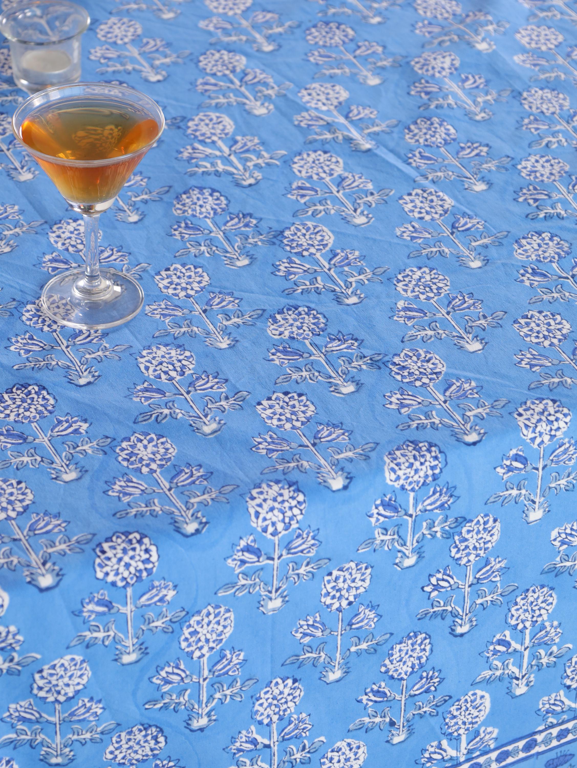 Luxury Floral Block Printed Tablecloth - Handmade Cotton Dining Table Cover in Light Blue Floral