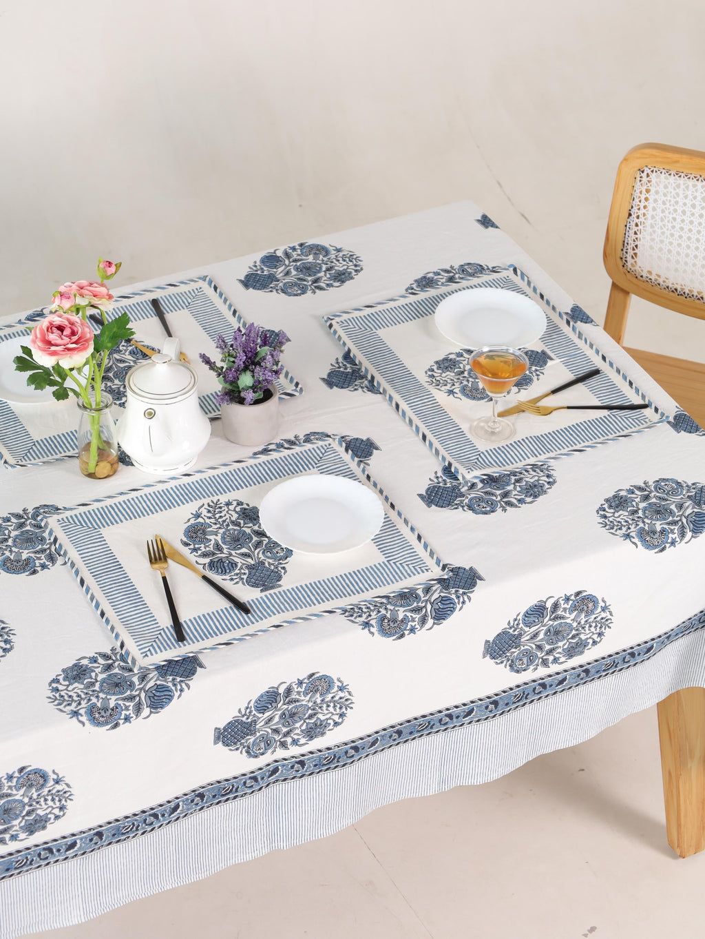 Blue Floral Hand Block Print Cotton Tablecloth with Border (60 x 90) – Jaipur Dining Table Cover