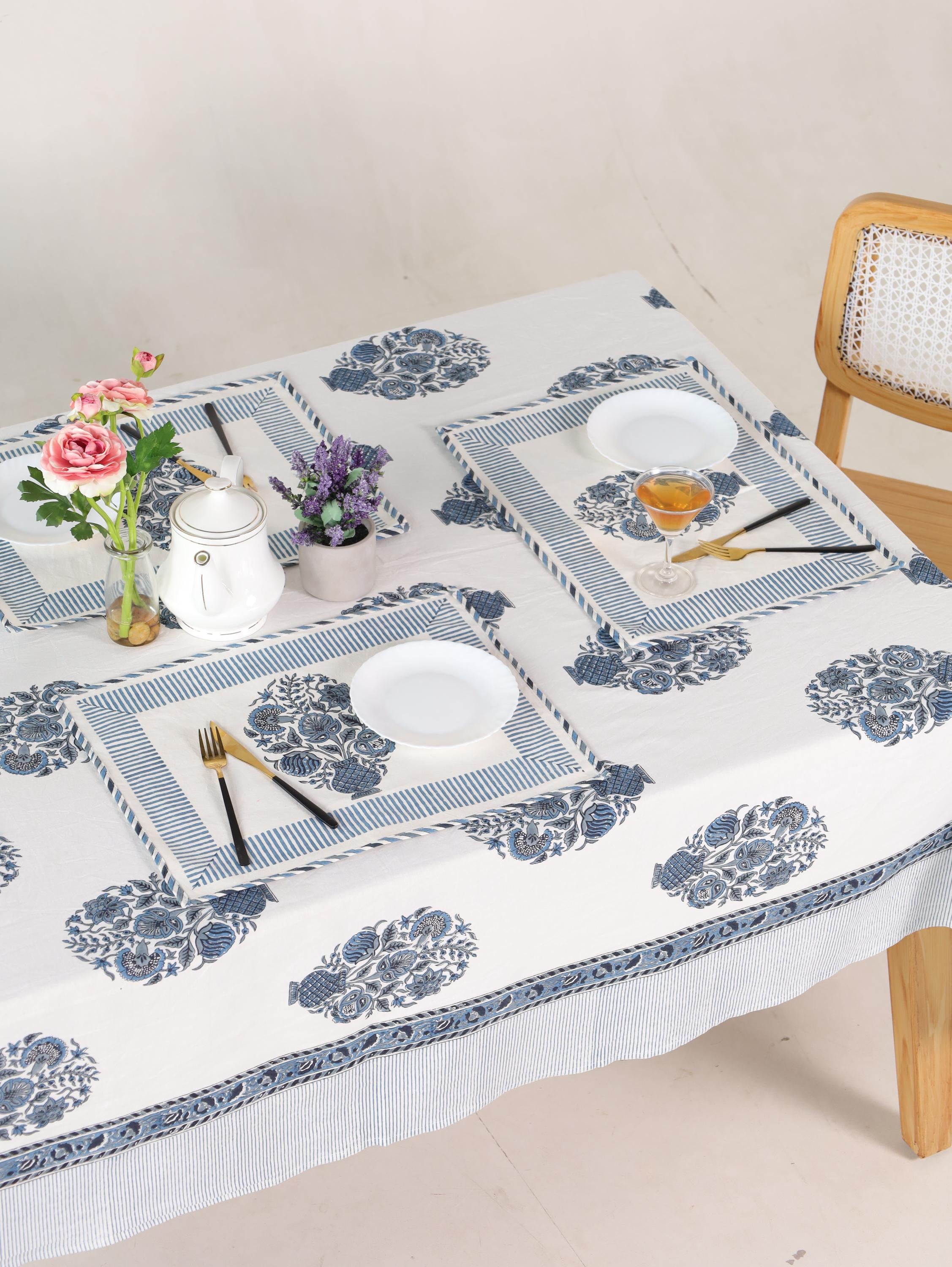 Blue Floral Hand Block Print Cotton Tablecloth with Border (60 x 90) – Jaipur Dining Table Cover