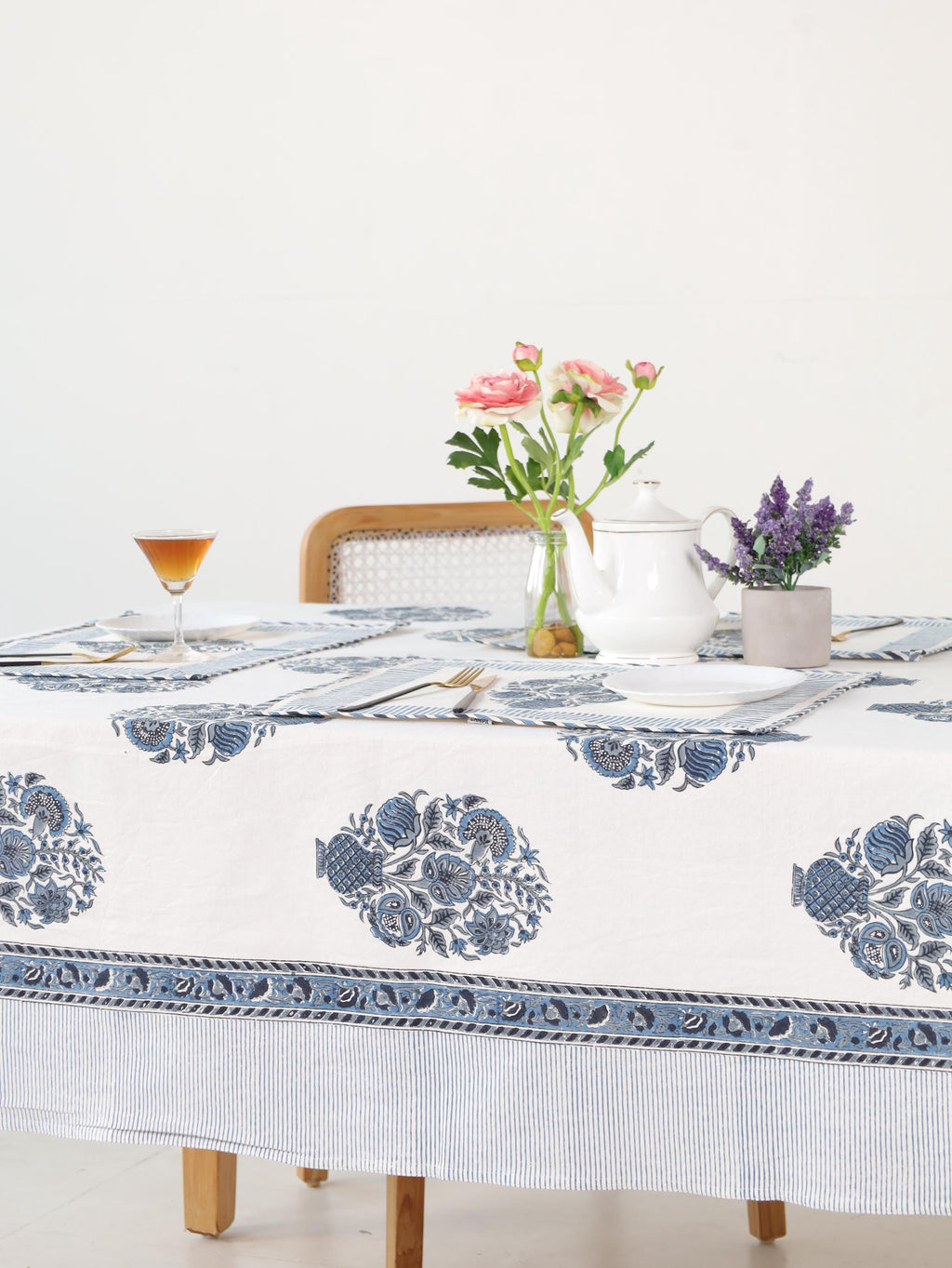 Blue Floral Hand Block Print Cotton Tablecloth with Border (60 x 90) – Jaipur Dining Table Cover