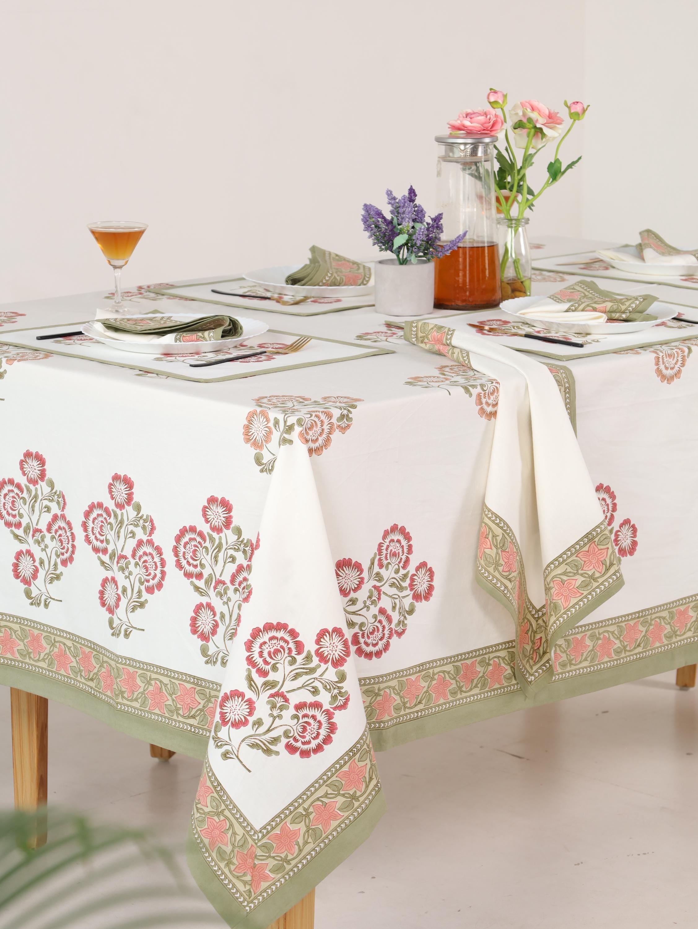 Jaipur Hand Block Print Cotton Tablecloth – Pink Floral Design (60 x 90)