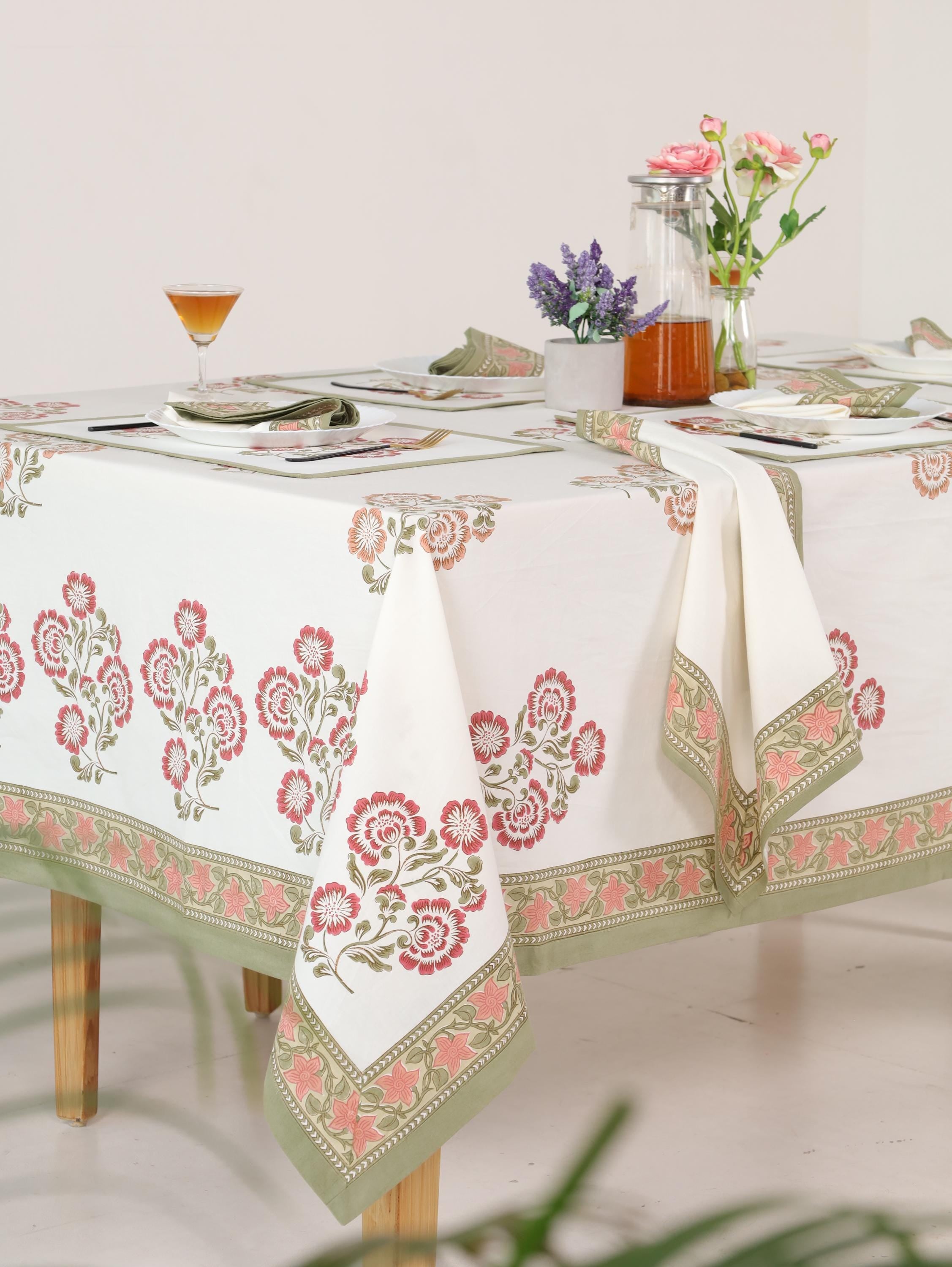 Jaipur Hand Block Print Cotton Tablecloth – Pink Floral Design (60 x 90)