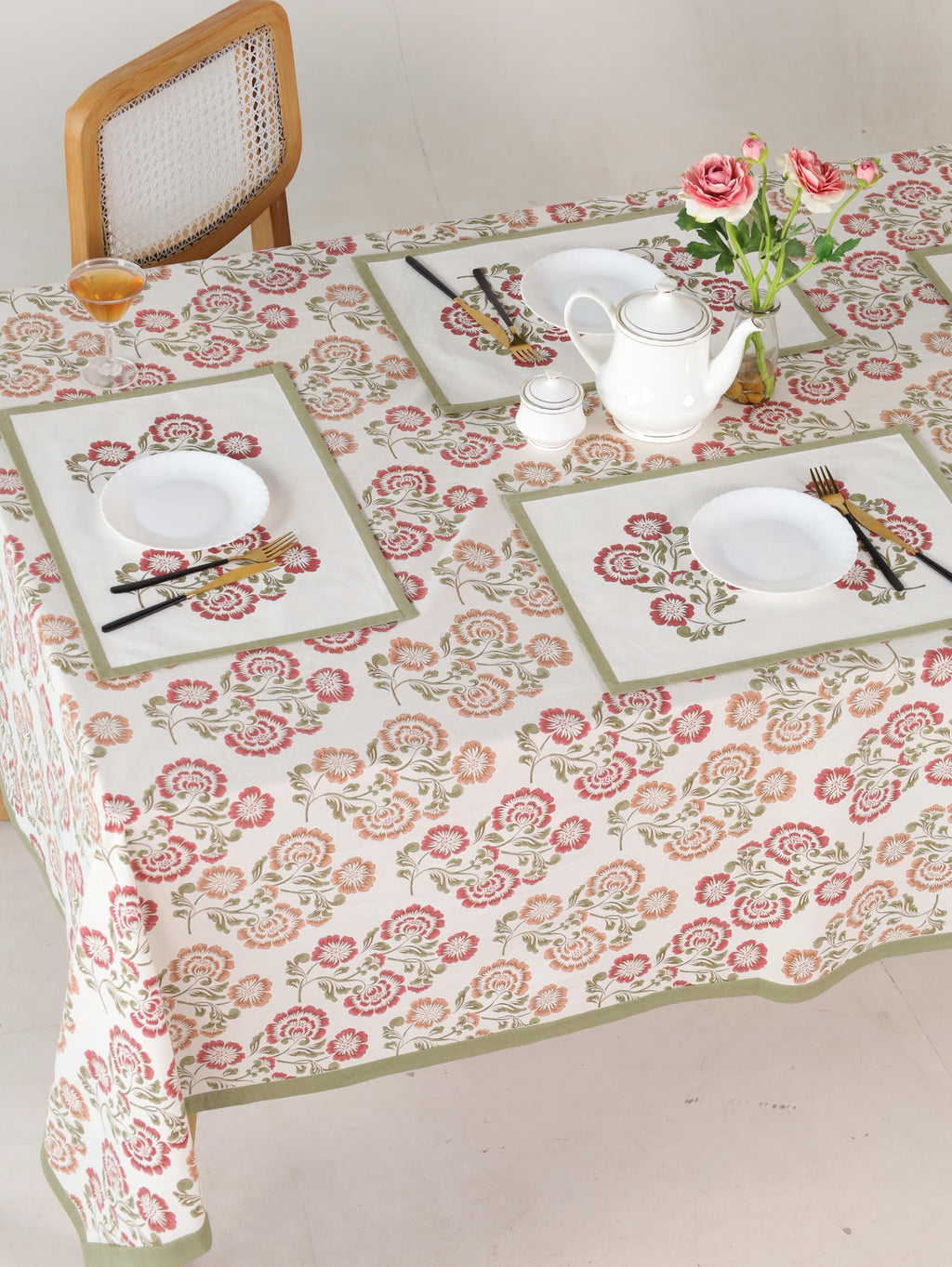 Luxury Floral Block Printed Tablecloth - Handmade Cotton Dining Table Cover with Pink Multicolor Floral