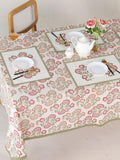 Luxury Floral Block Printed Tablecloth - Handmade Cotton Dining Table Cover with Pink Multicolor Floral