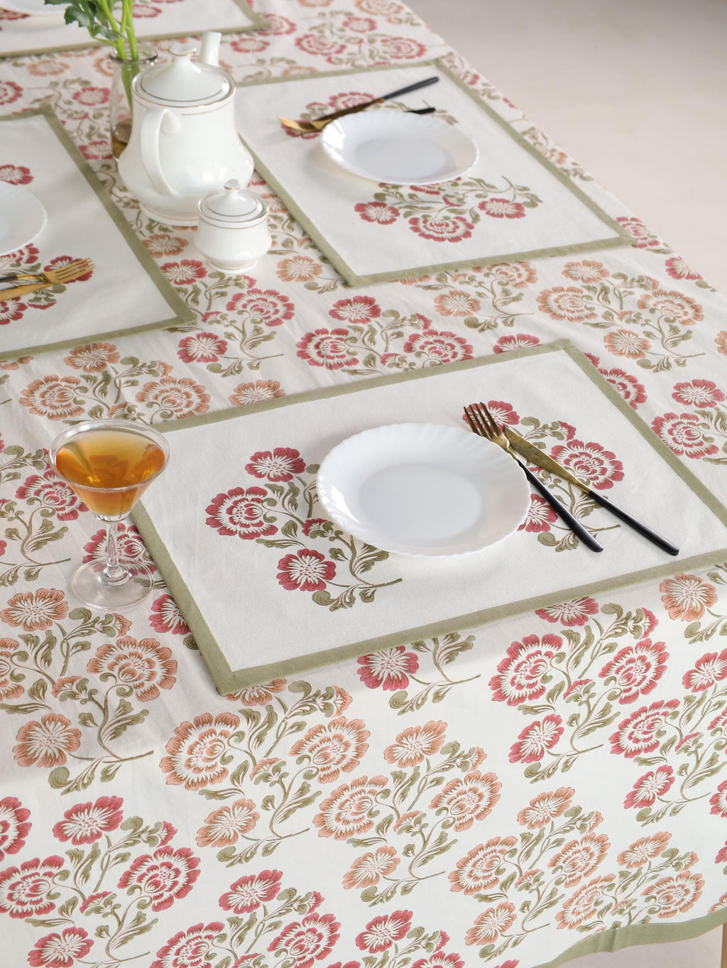 Luxury Floral Block Printed Tablecloth - Handmade Cotton Dining Table Cover with Pink Multicolor Floral