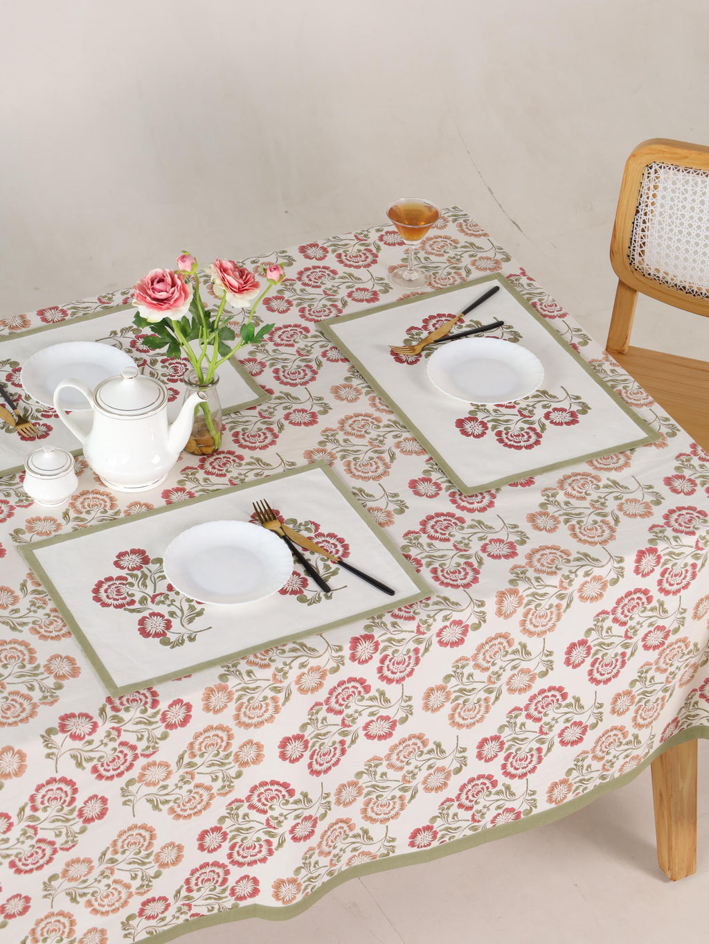 Luxury Floral Block Printed Tablecloth - Handmade Cotton Dining Table Cover with Pink Multicolor Floral