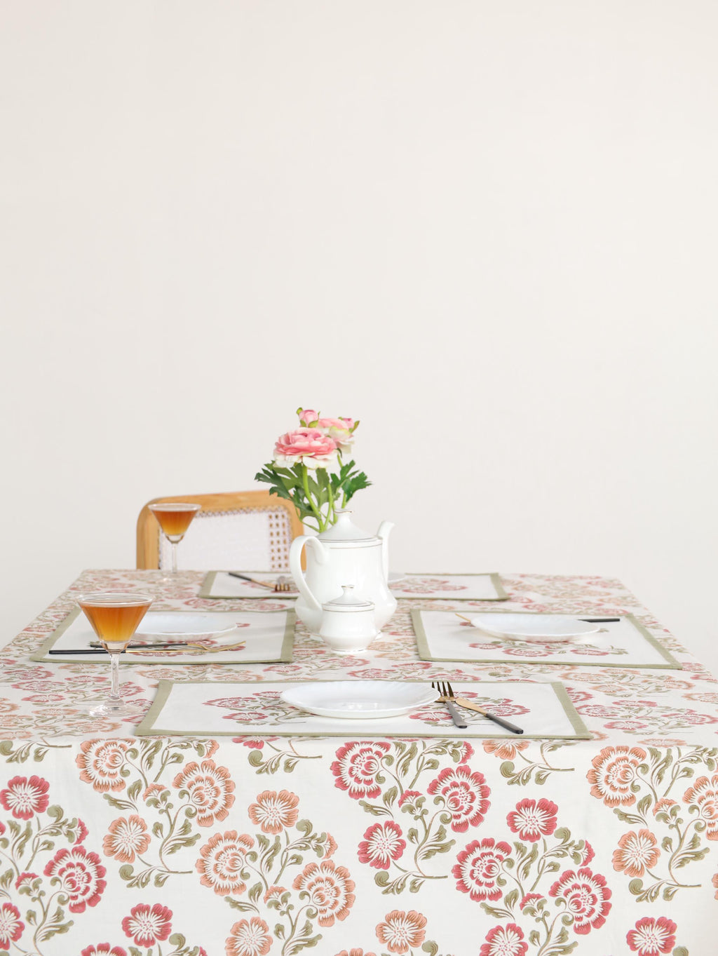 Luxury Floral Block Printed Tablecloth - Handmade Cotton Dining Table Cover with Pink Multicolor Floral
