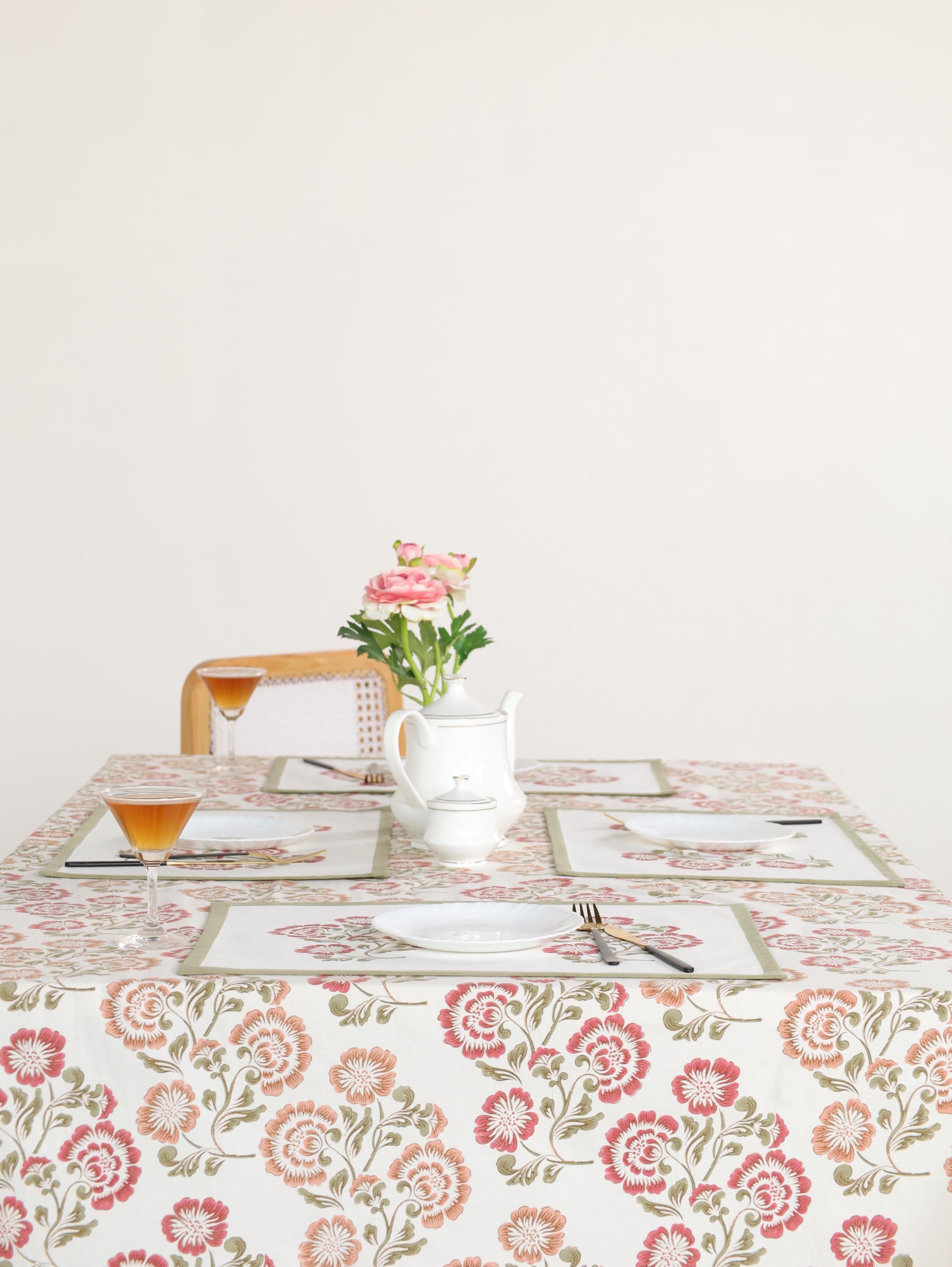 Luxury Floral Block Printed Tablecloth - Handmade Cotton Dining Table Cover with Pink Multicolor Floral