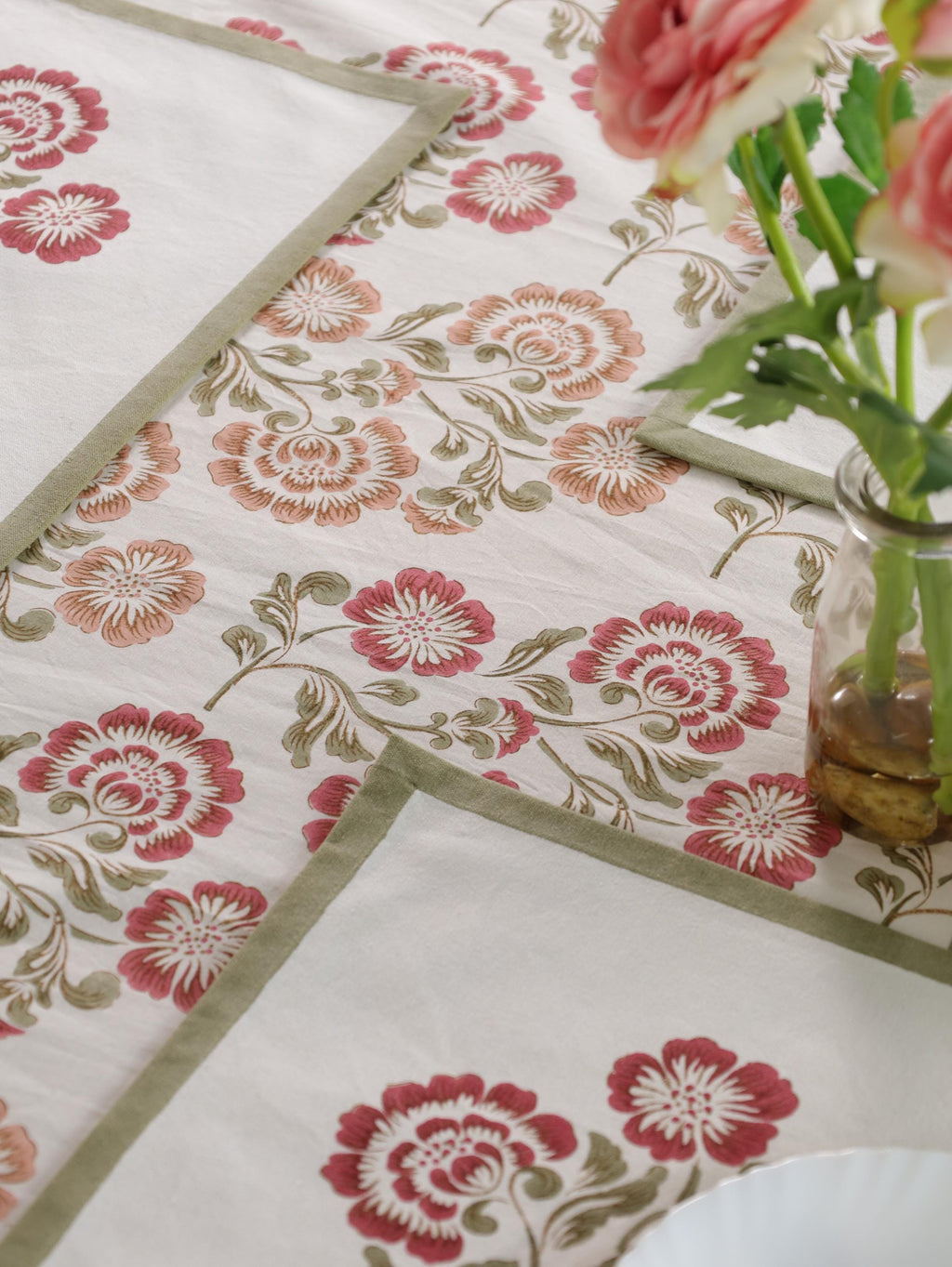 Luxury Floral Block Printed Tablecloth - Handmade Cotton Dining Table Cover with Pink Multicolor Floral