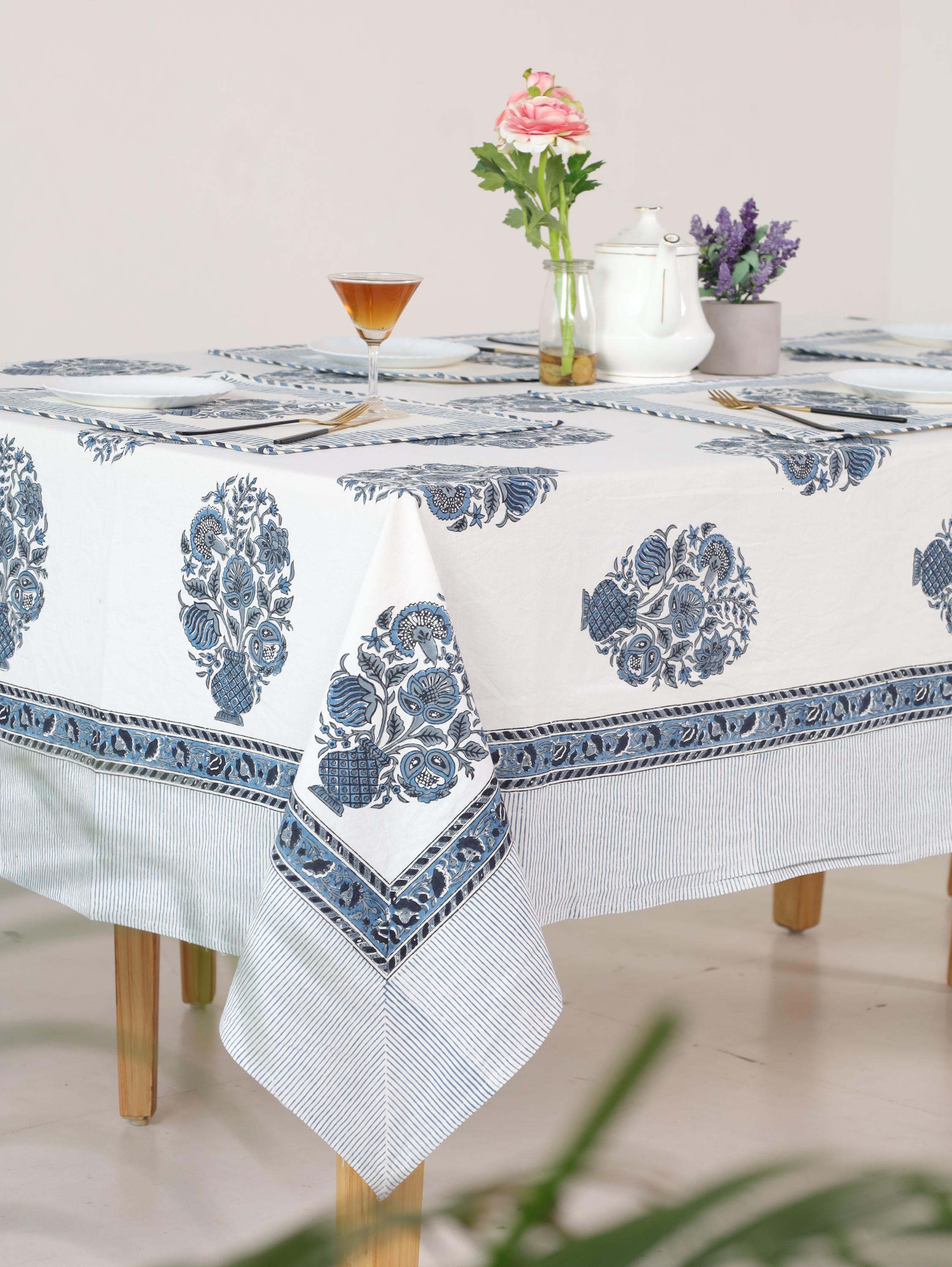 Luxury Floral Block Printed Tablecloth - Handmade Cotton Dining Table Cover with Blue Floral
