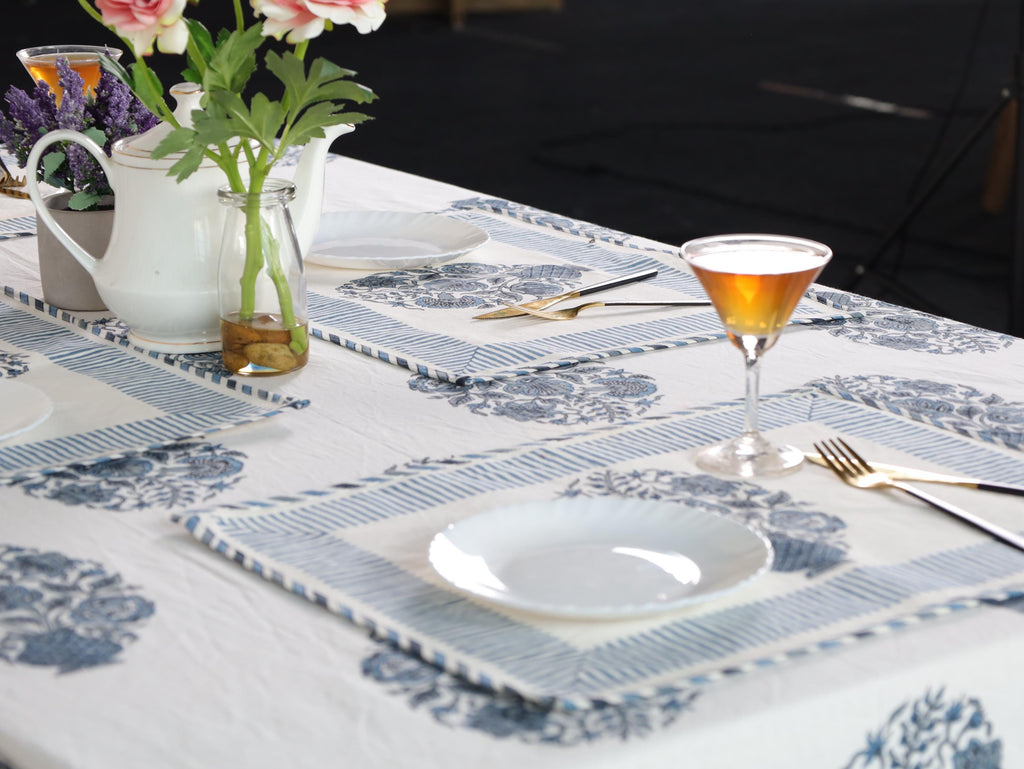Luxury Floral Block Printed Tablecloth - Handmade Cotton Dining Table Cover with Blue Floral