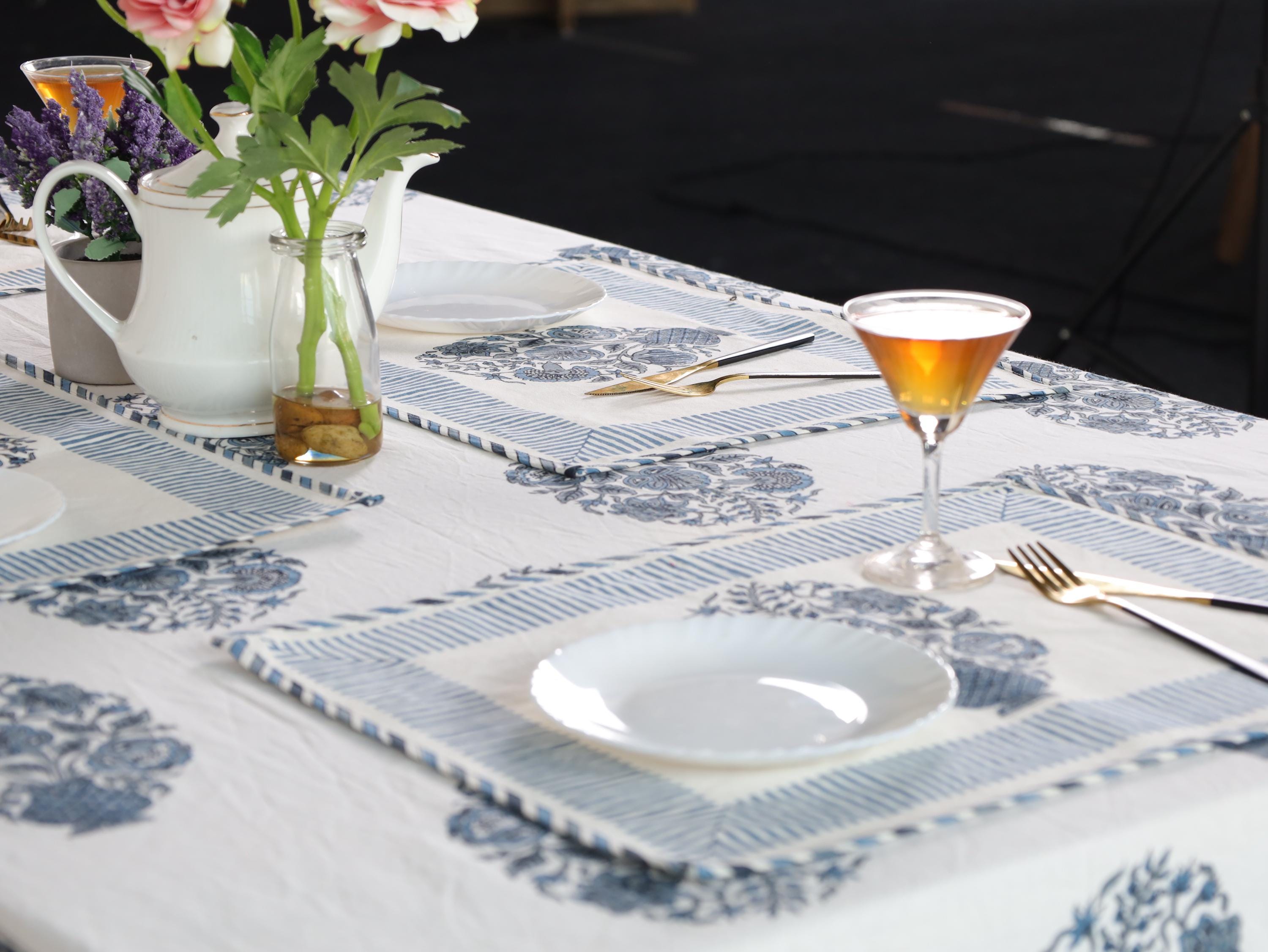 Luxury Floral Block Printed Tablecloth - Handmade Cotton Dining Table Cover with Blue Floral