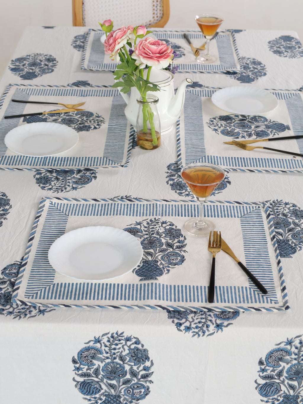 Luxury Floral Block Printed Tablecloth - Handmade Cotton Dining Table Cover with Blue Floral
