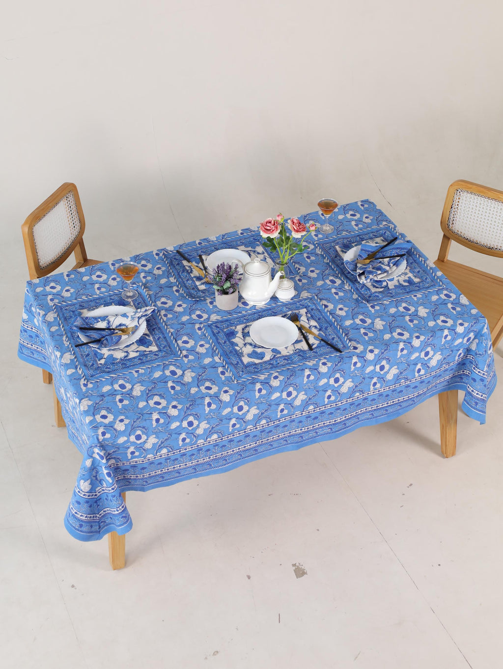 Blue Floral Hand Block Print Cotton Tablecloth (60 x 90) – Elegant Jaipur Dining Décor