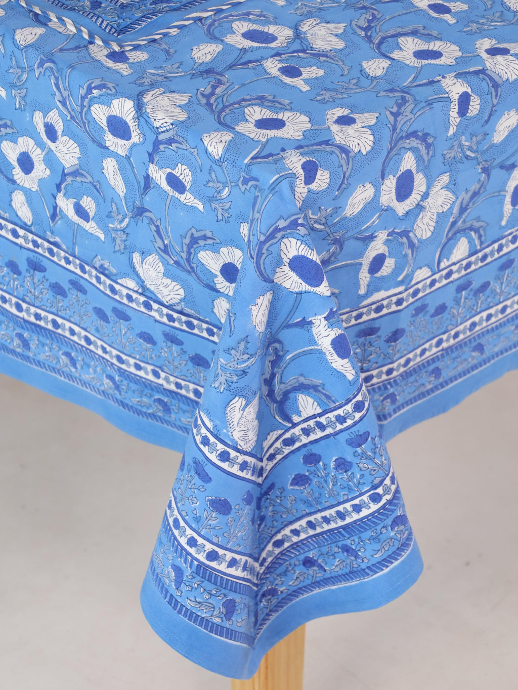 Blue Floral Hand Block Print Cotton Tablecloth (60 x 90) – Elegant Jaipur Dining Décor
