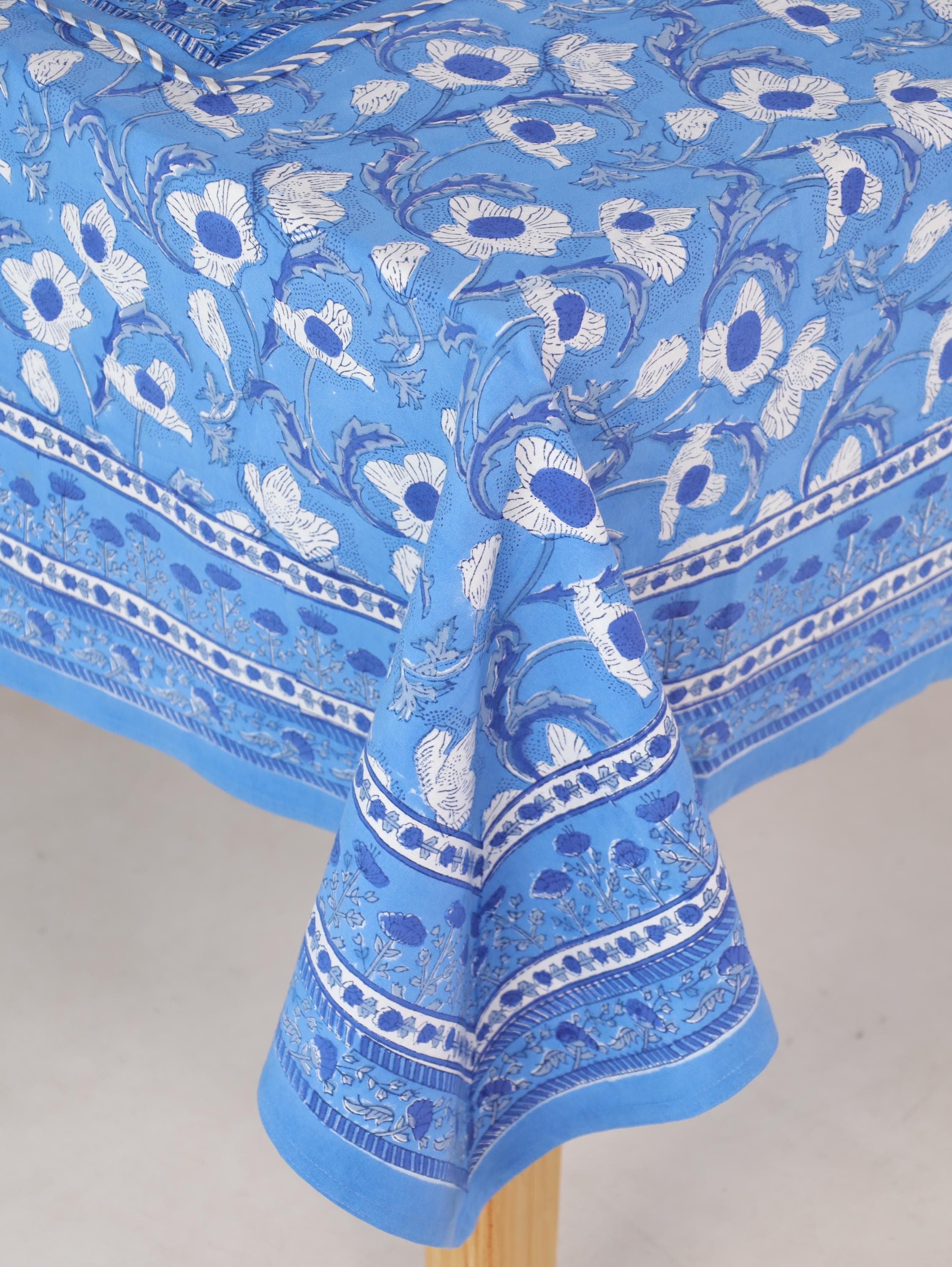 Blue Floral Hand Block Print Cotton Tablecloth (60 x 90) – Elegant Jaipur Dining Décor