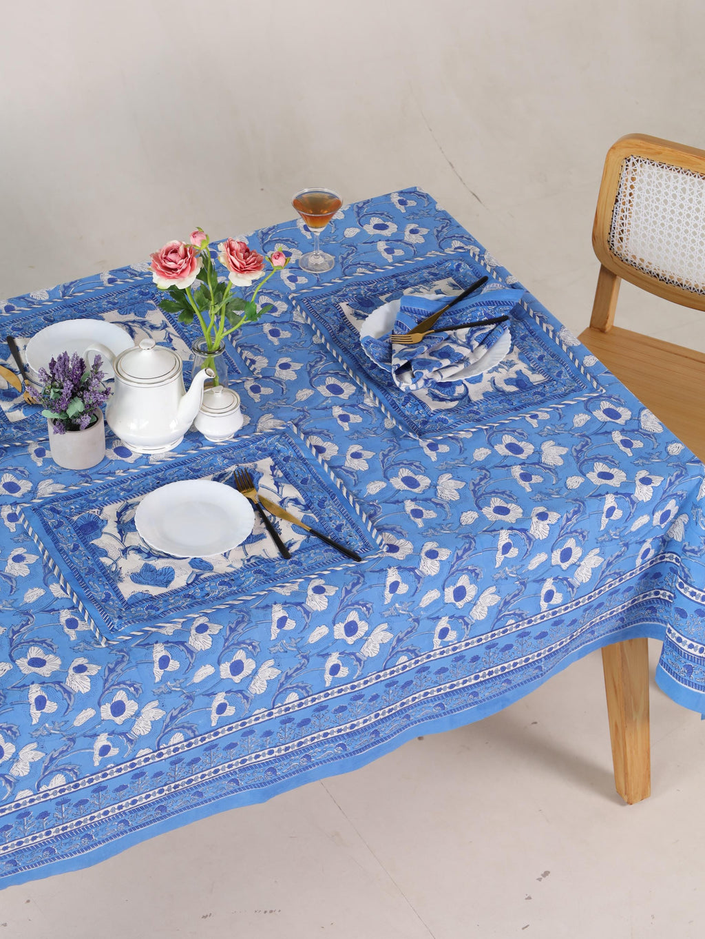 Blue Floral Hand Block Print Cotton Tablecloth (60 x 90) – Elegant Jaipur Dining Décor