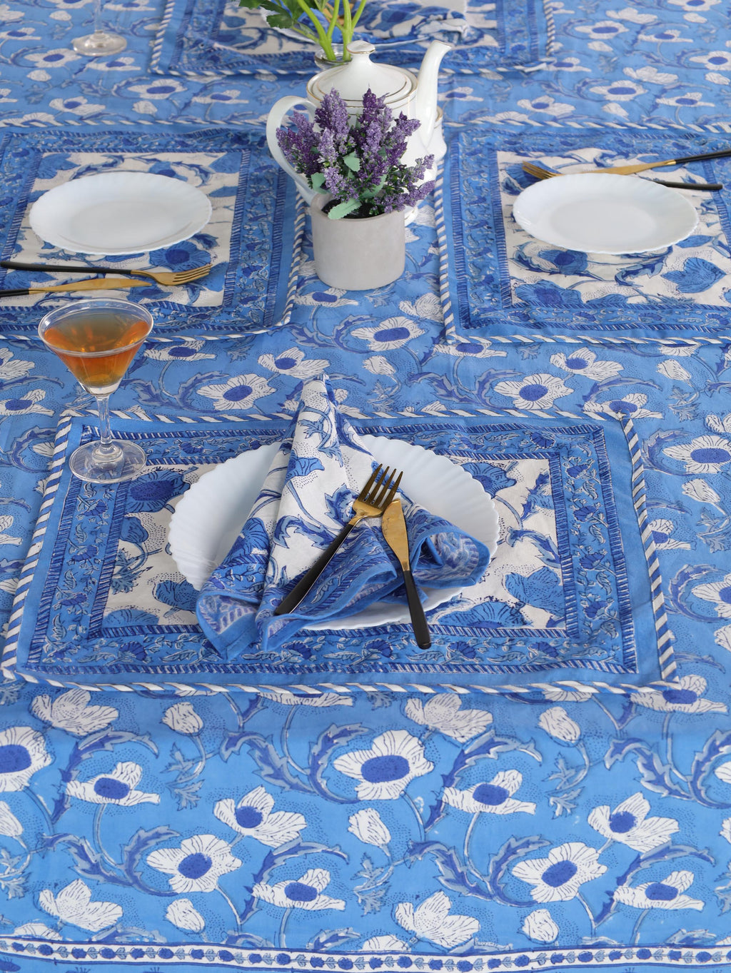 Blue Floral Hand Block Print Cotton Tablecloth (60 x 90) – Elegant Jaipur Dining Décor