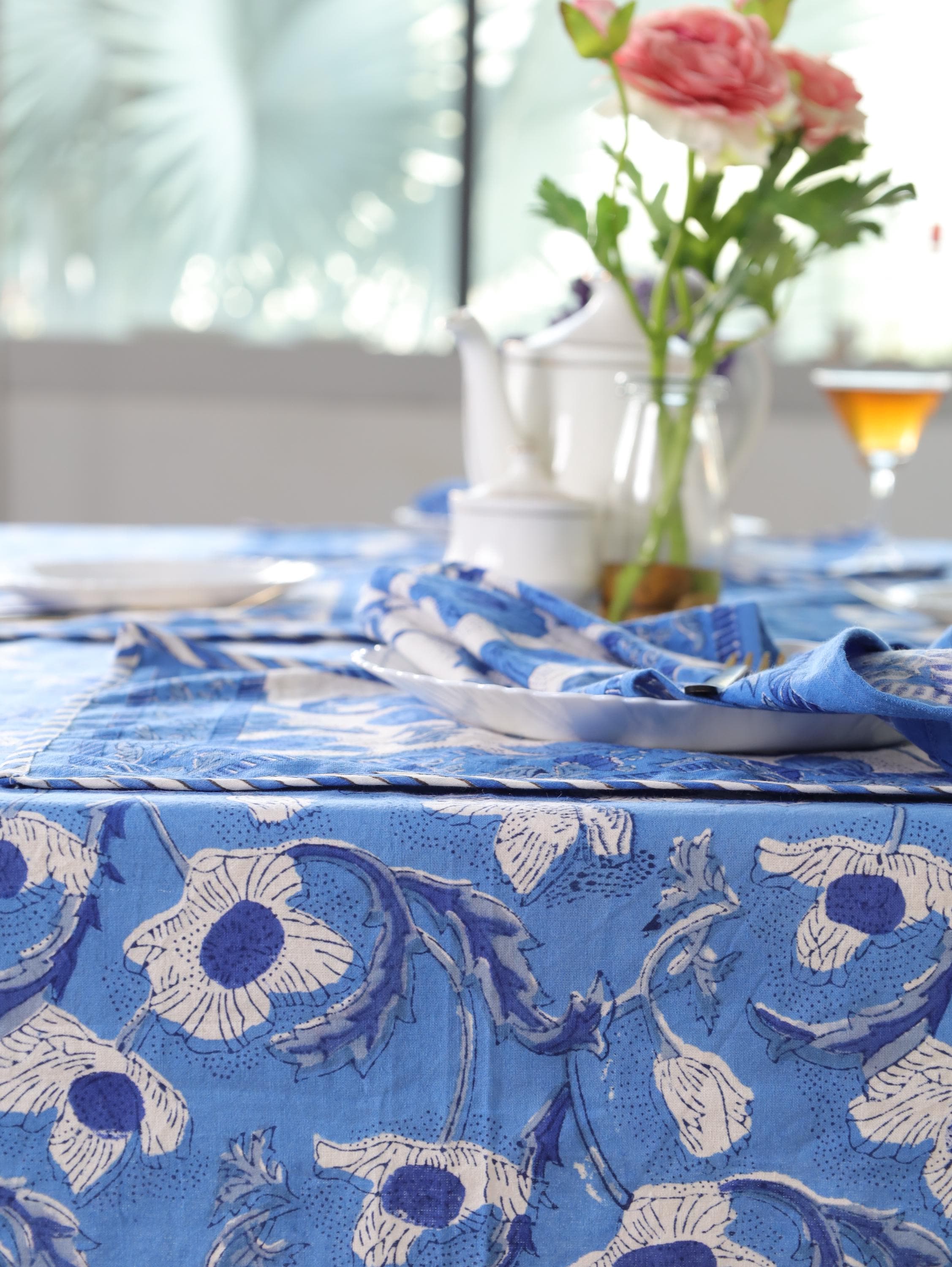 Blue Floral Hand Block Print Cotton Tablecloth (60 x 90) – Elegant Jaipur Dining Décor
