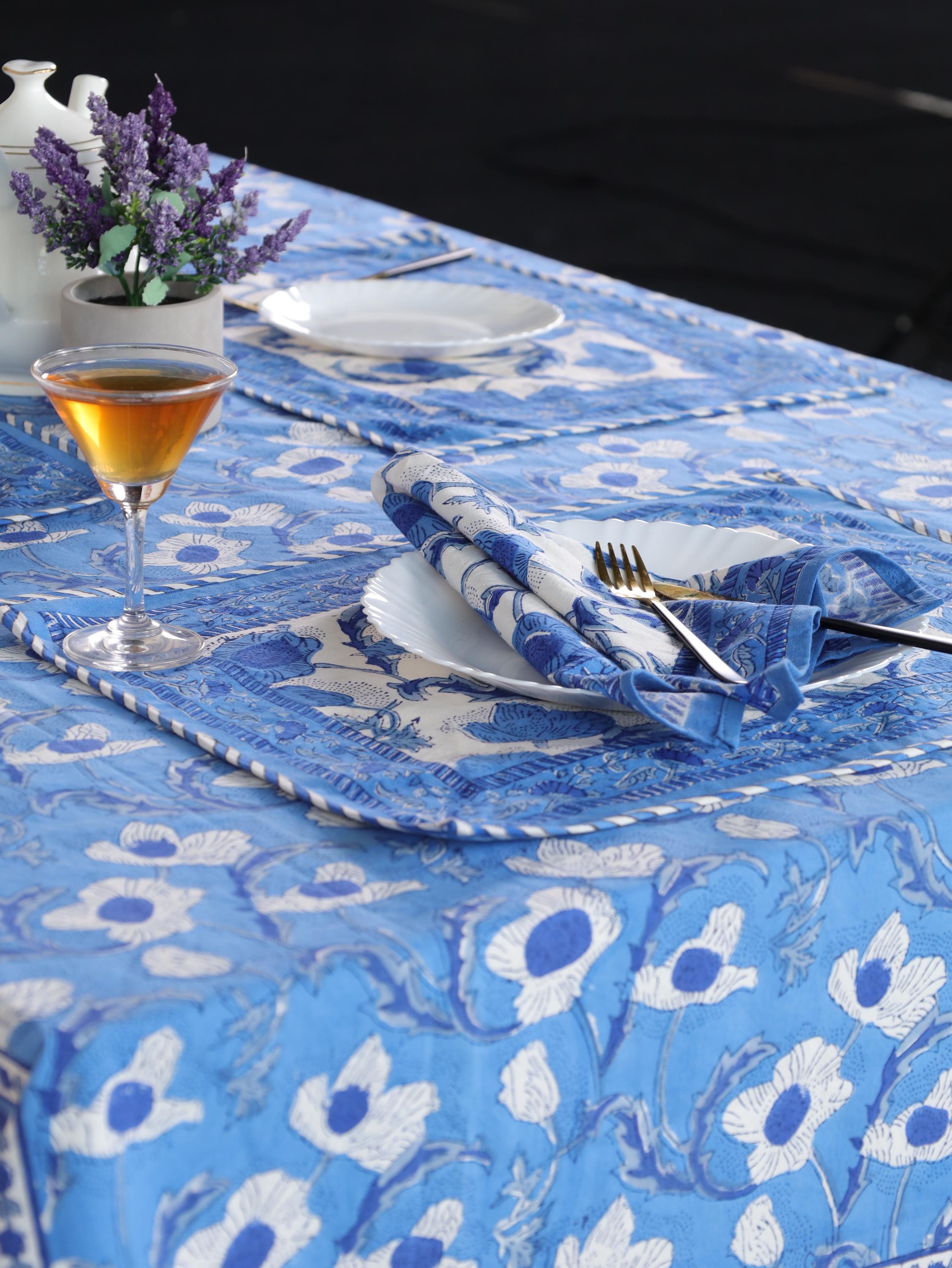 Blue Floral Hand Block Print Cotton Tablecloth (60 x 90) – Elegant Jaipur Dining Décor