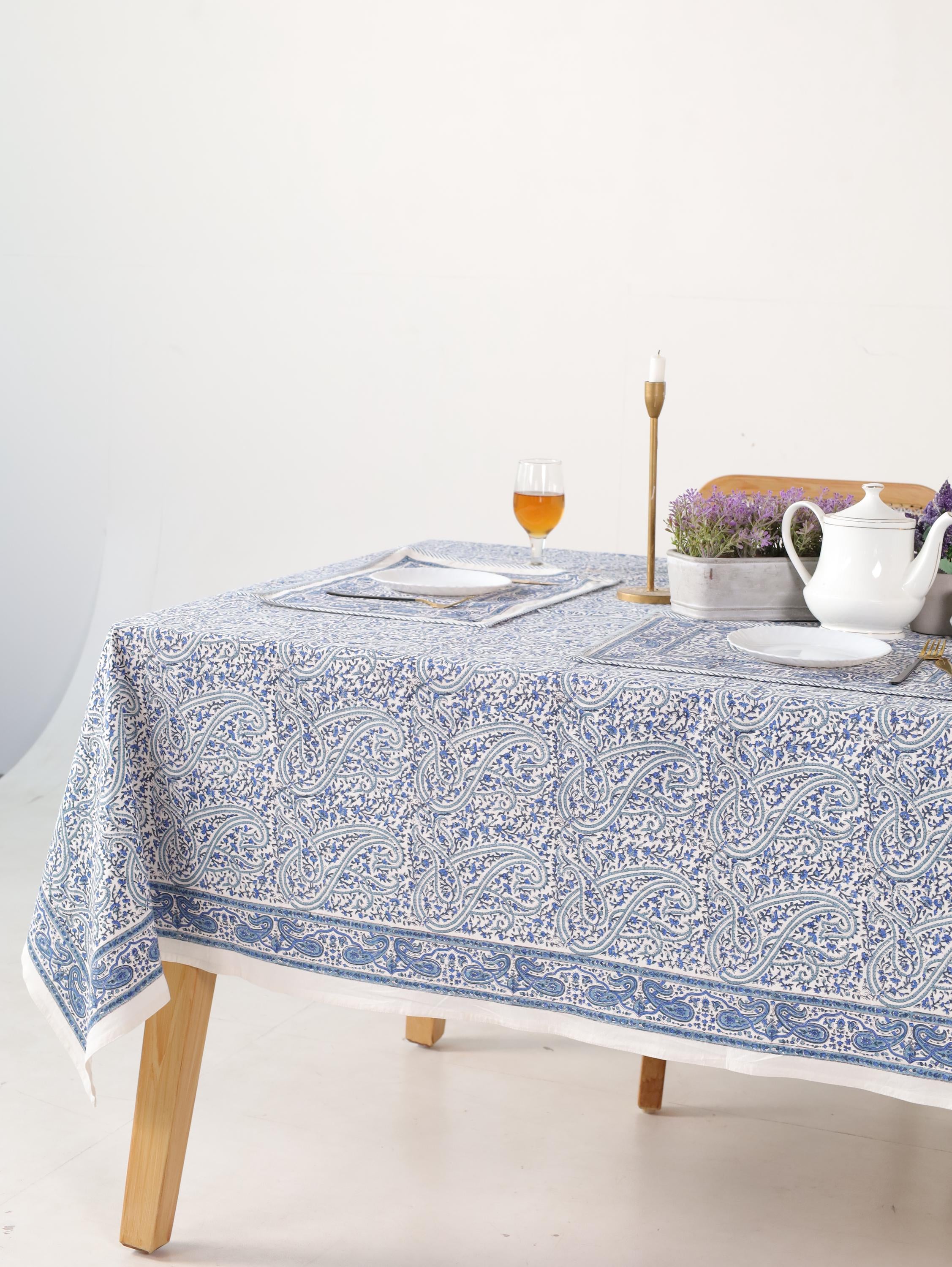 Hand Block Printed Cotton Tablecloth – Light Blue White Floral, Jaipur Artisan Design