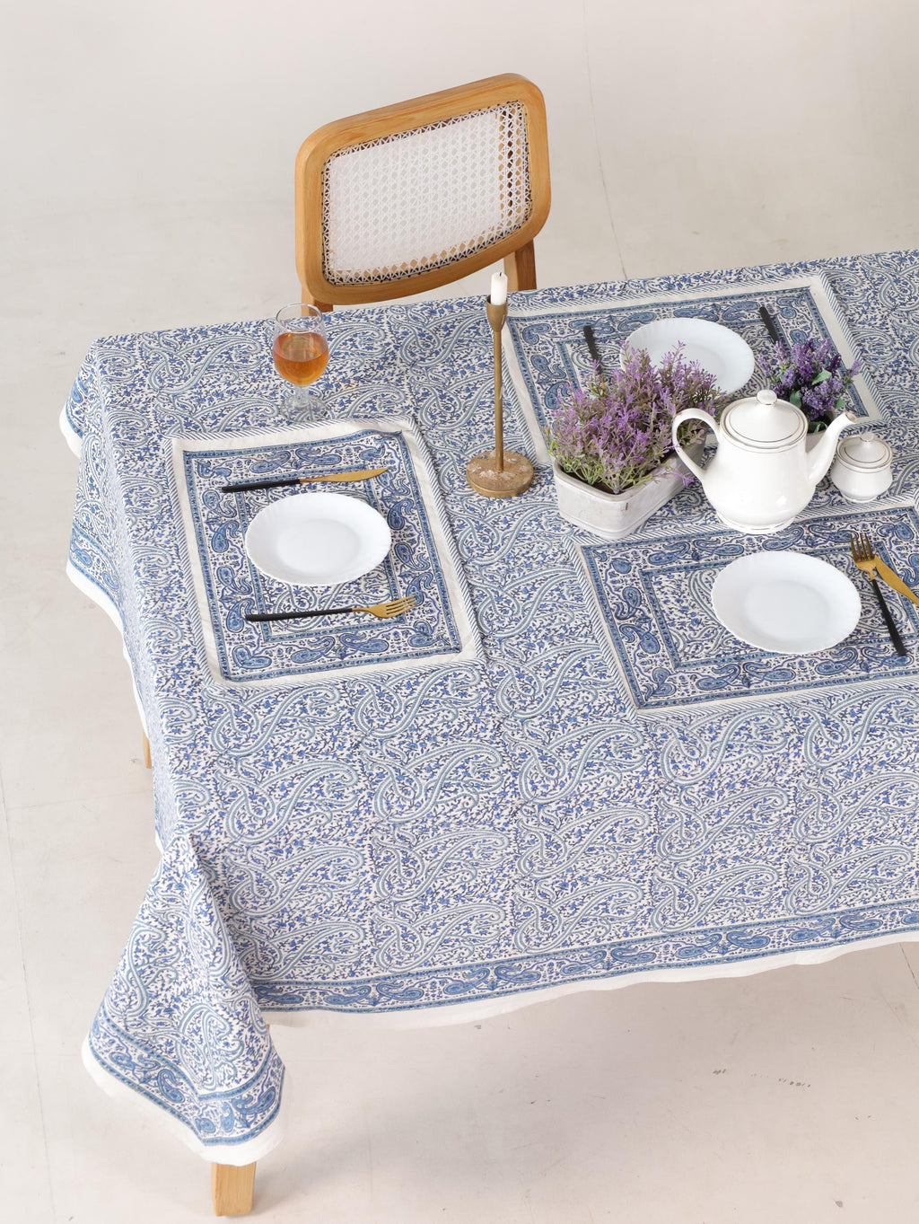 Hand Block Printed Cotton Tablecloth – Light Blue White Floral, Jaipur Artisan Design