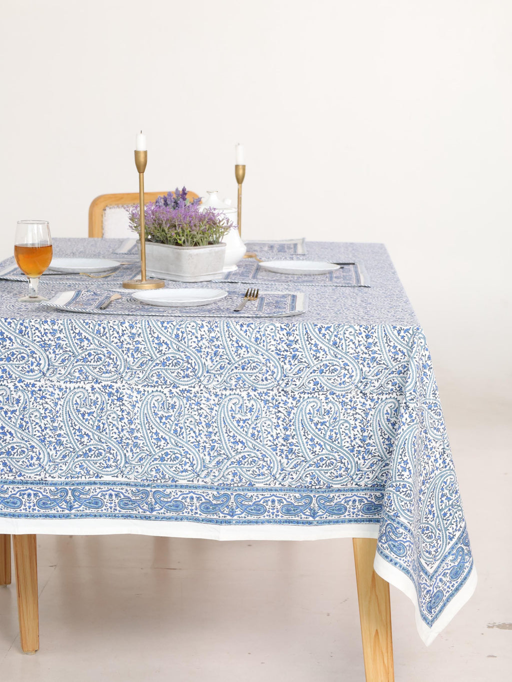 Hand Block Printed Cotton Tablecloth – Light Blue White Floral, Jaipur Artisan Design