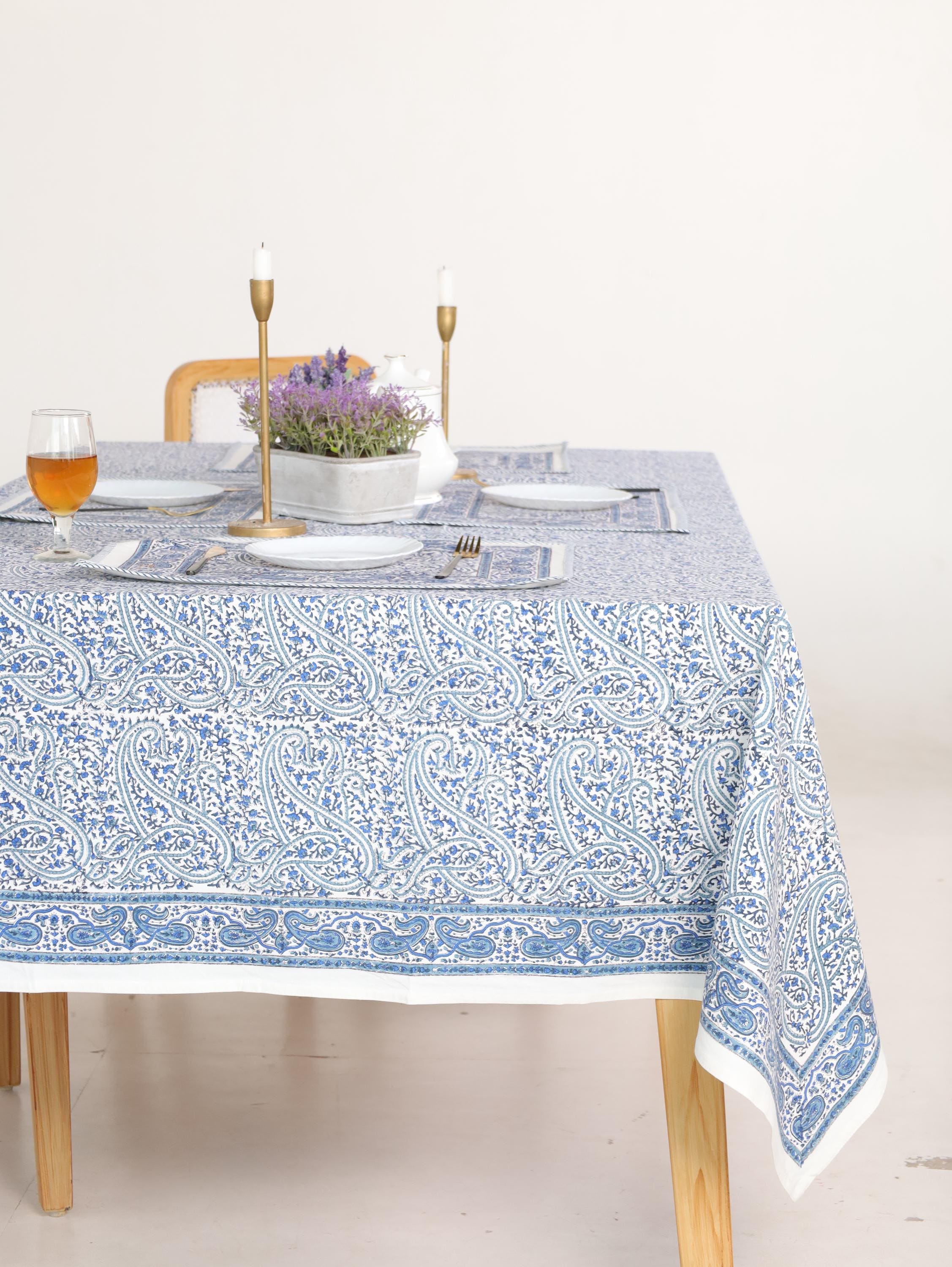 Hand Block Printed Cotton Tablecloth – Light Blue White Floral, Jaipur Artisan Design