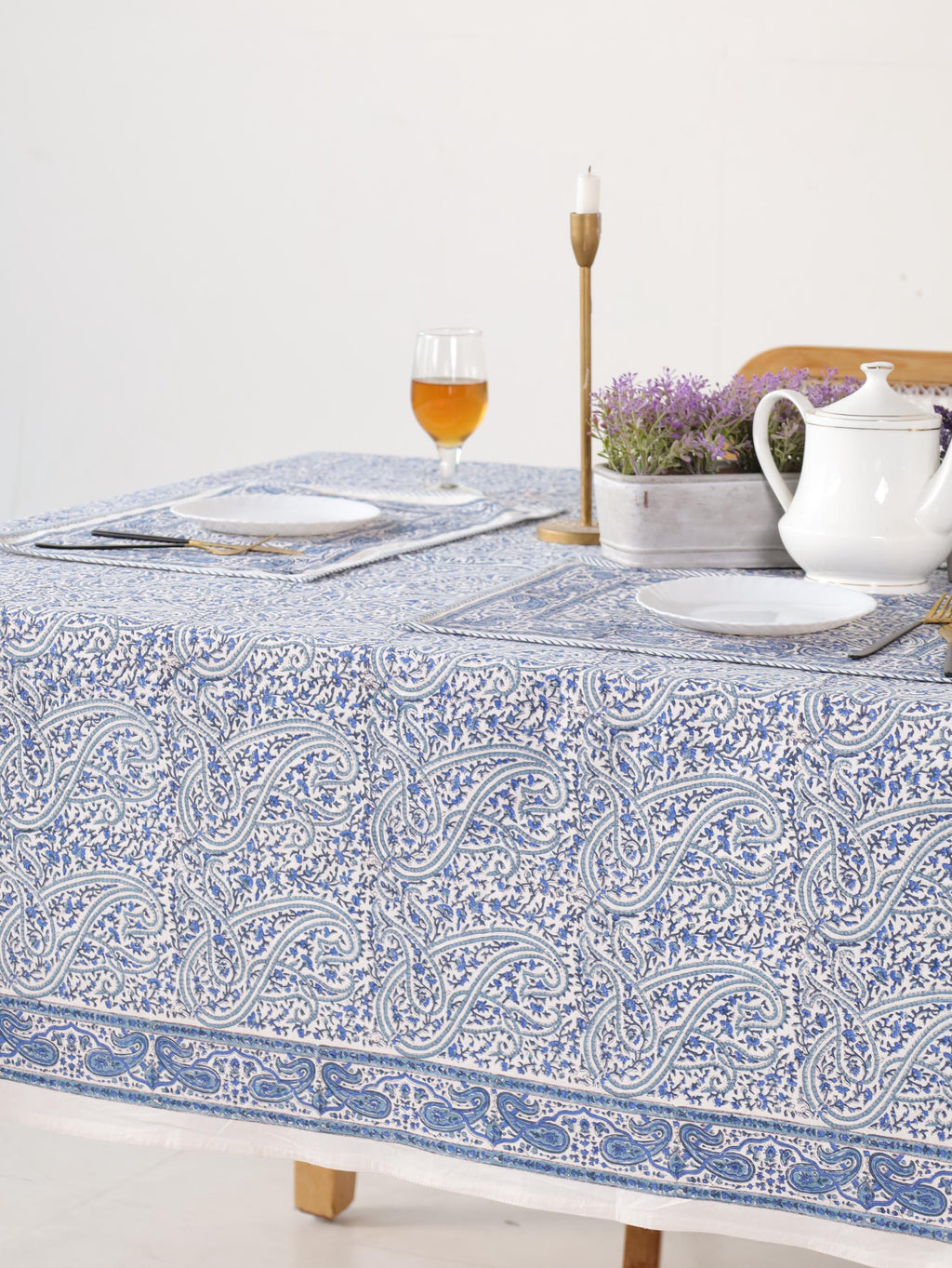 Hand Block Printed Cotton Tablecloth – Light Blue White Floral, Jaipur Artisan Design