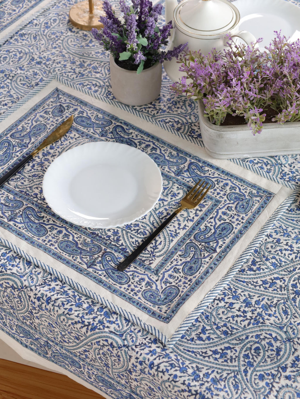 Hand Block Printed Cotton Tablecloth – Light Blue White Floral, Jaipur Artisan Design