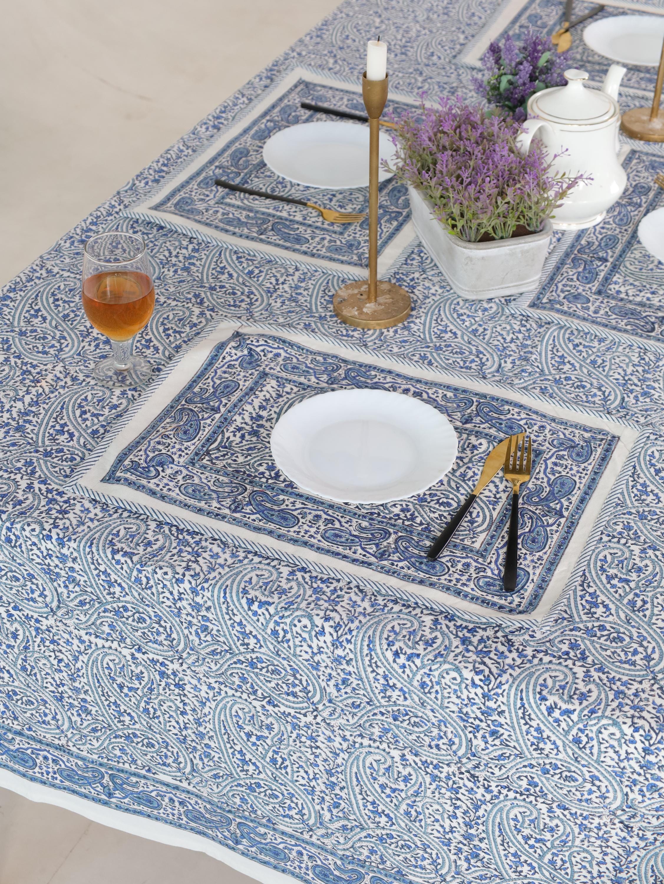Hand Block Printed Cotton Tablecloth – Light Blue White Floral, Jaipur Artisan Design