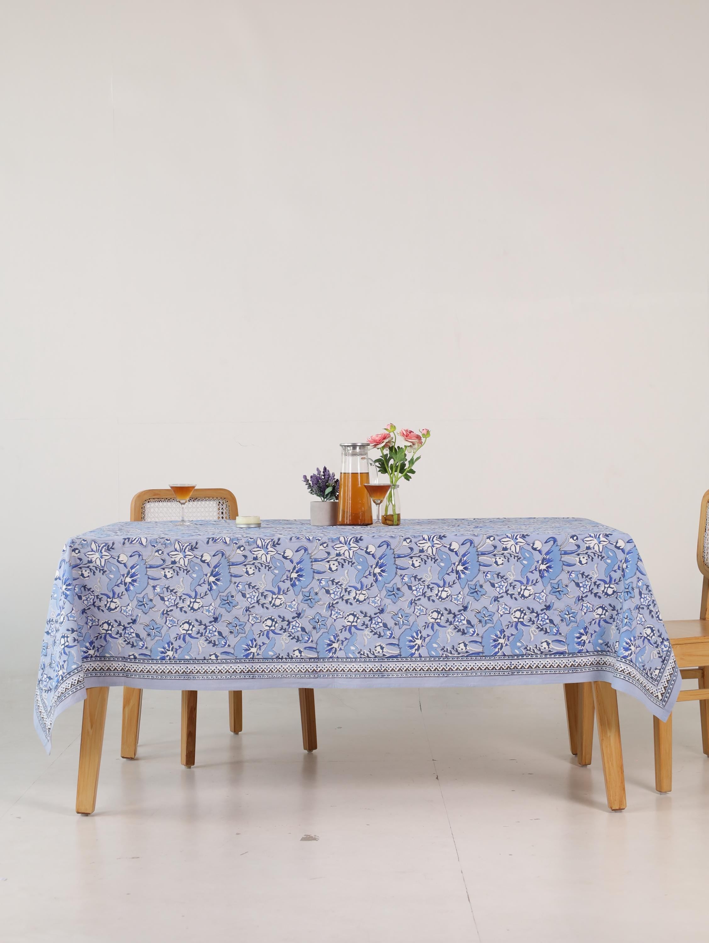 Luxury Floral Block Printed Tablecloth - Handmade Cotton Dining Table Cover with White Cream Blue Floral