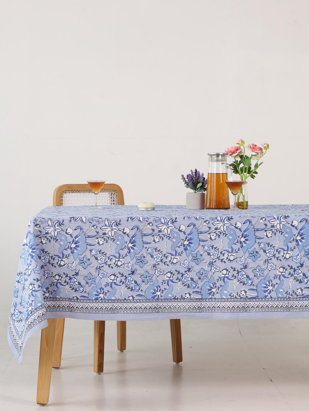 Luxury Floral Block Printed Tablecloth - Handmade Cotton Dining Table Cover with White Cream Blue Floral