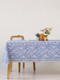Luxury Floral Block Printed Tablecloth - Handmade Cotton Dining Table Cover with White Cream Blue Floral