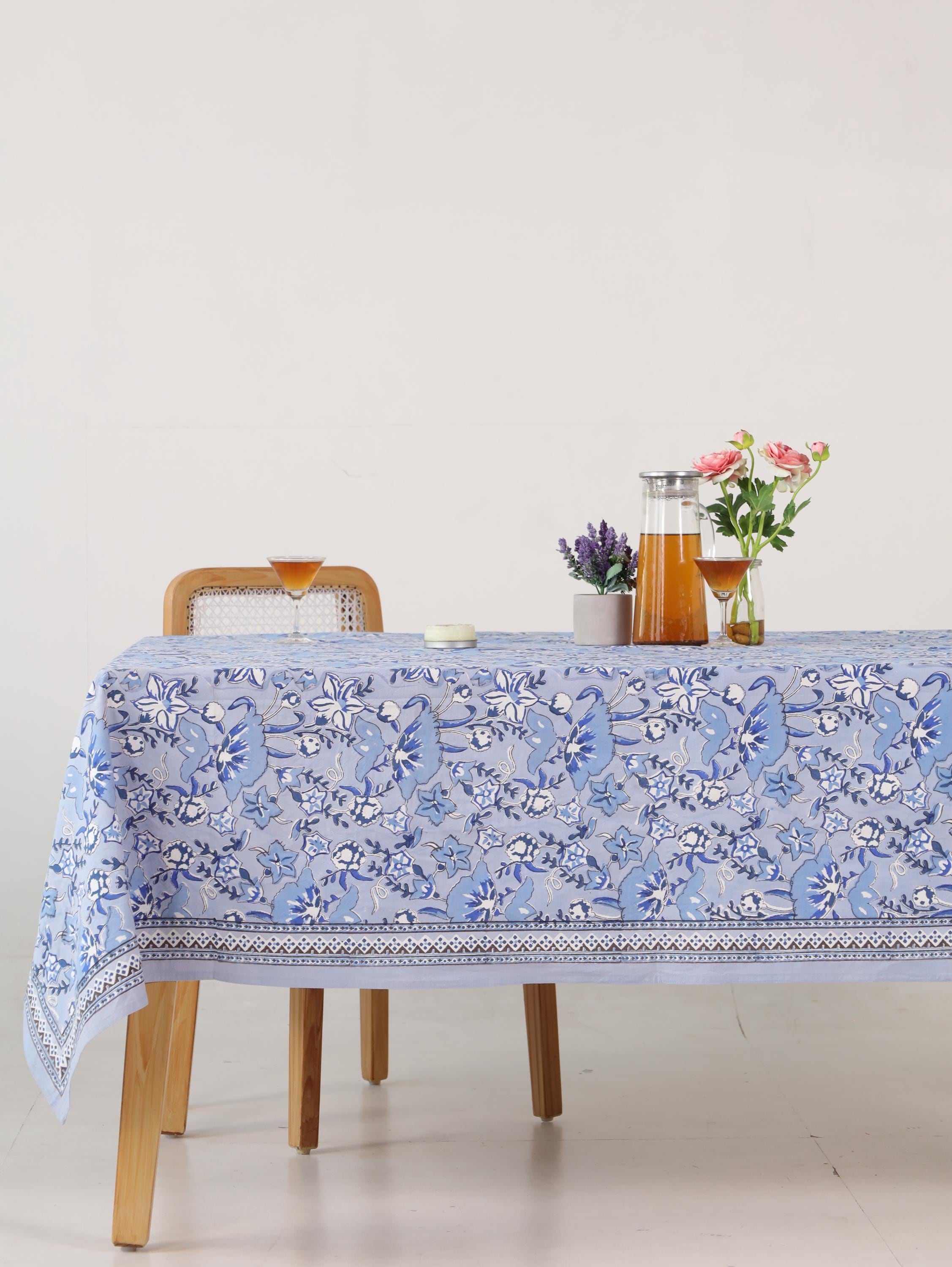 Luxury Floral Block Printed Tablecloth - Handmade Cotton Dining Table Cover with White Cream Blue Floral