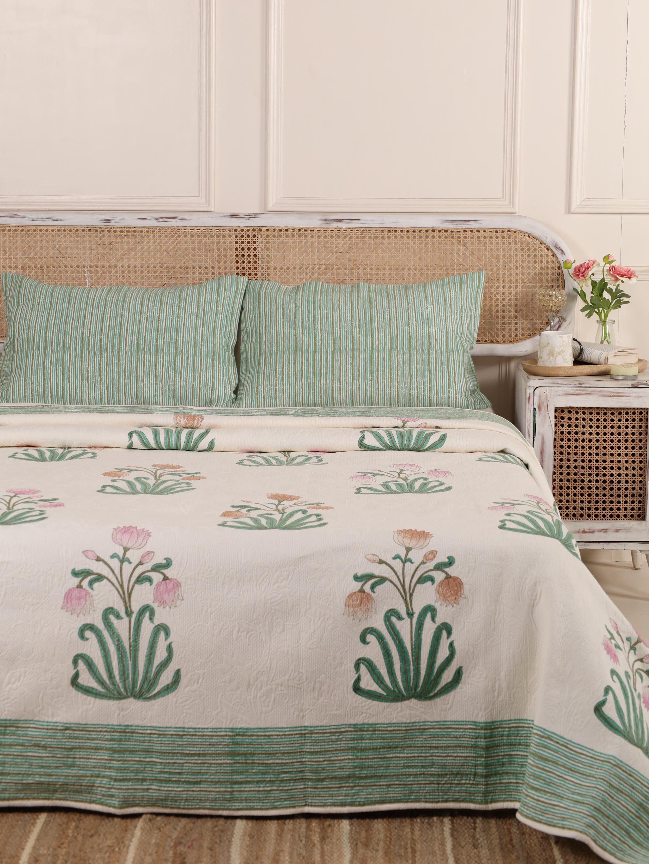 Handmade Jaipur Block Print Duvet Cover - King Size Boho Cotton Bedding Set with Light Green Teal Pink Floral