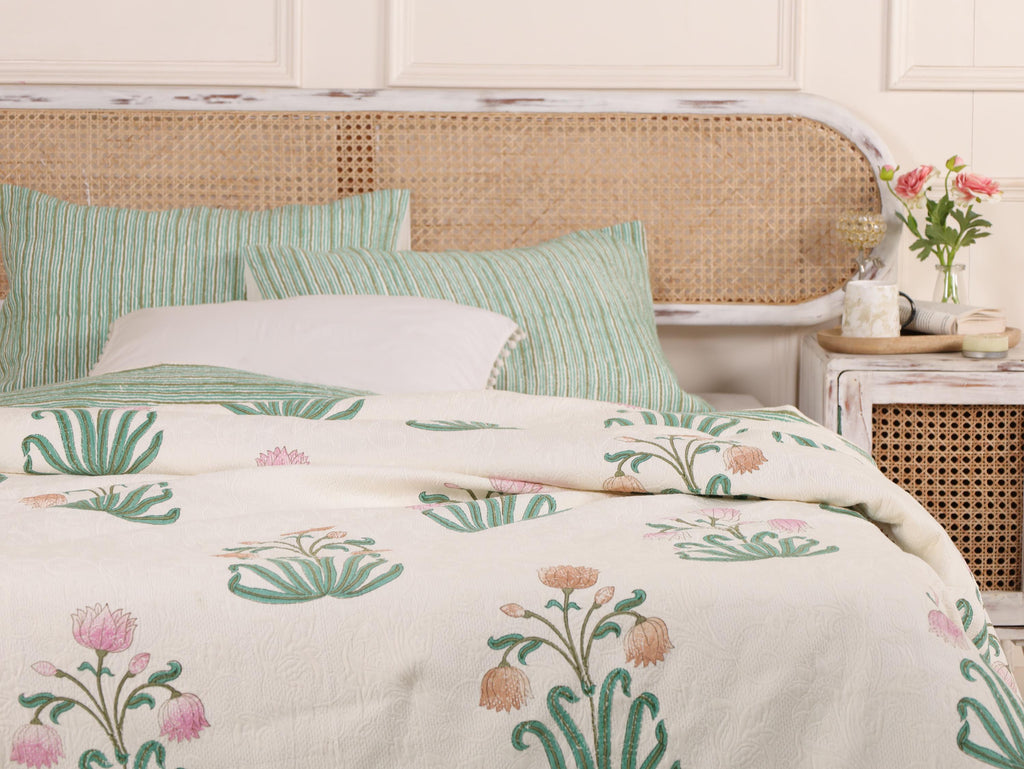 Handmade Jaipur Block Print Duvet Cover - King Size Boho Cotton Bedding Set with Light Green Teal Pink Floral