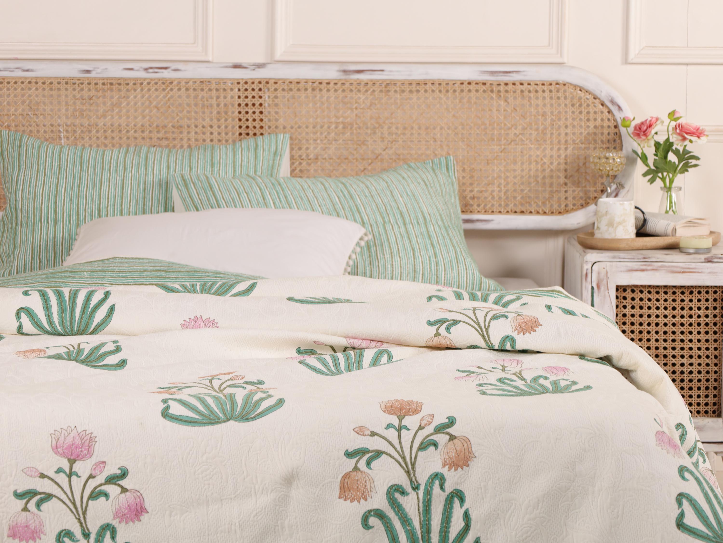 Handmade Jaipur Block Print Duvet Cover - King Size Boho Cotton Bedding Set with Light Green Teal Pink Floral