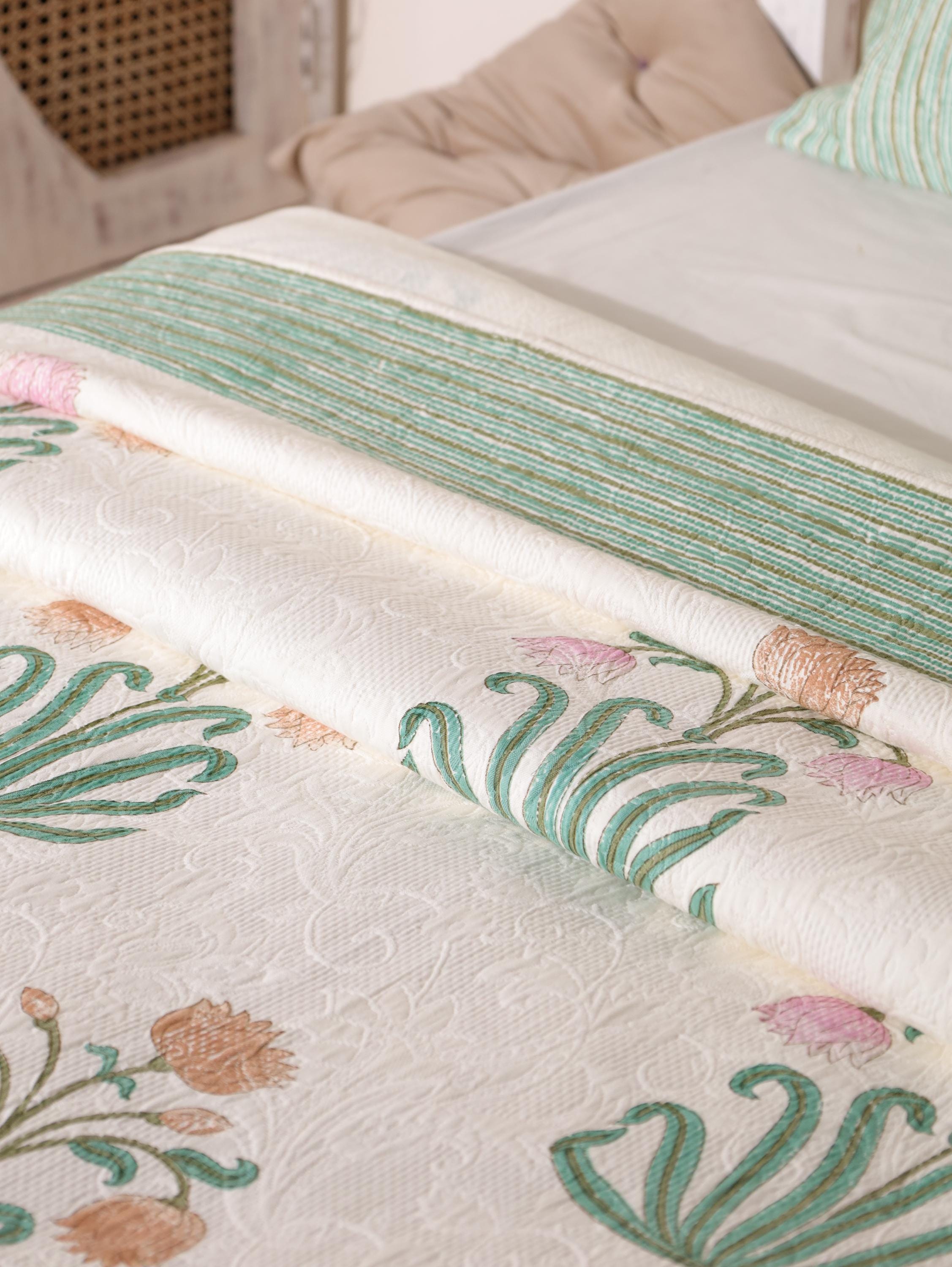 Handmade Jaipur Block Print Duvet Cover - King Size Boho Cotton Bedding Set with Light Green Teal Pink Floral