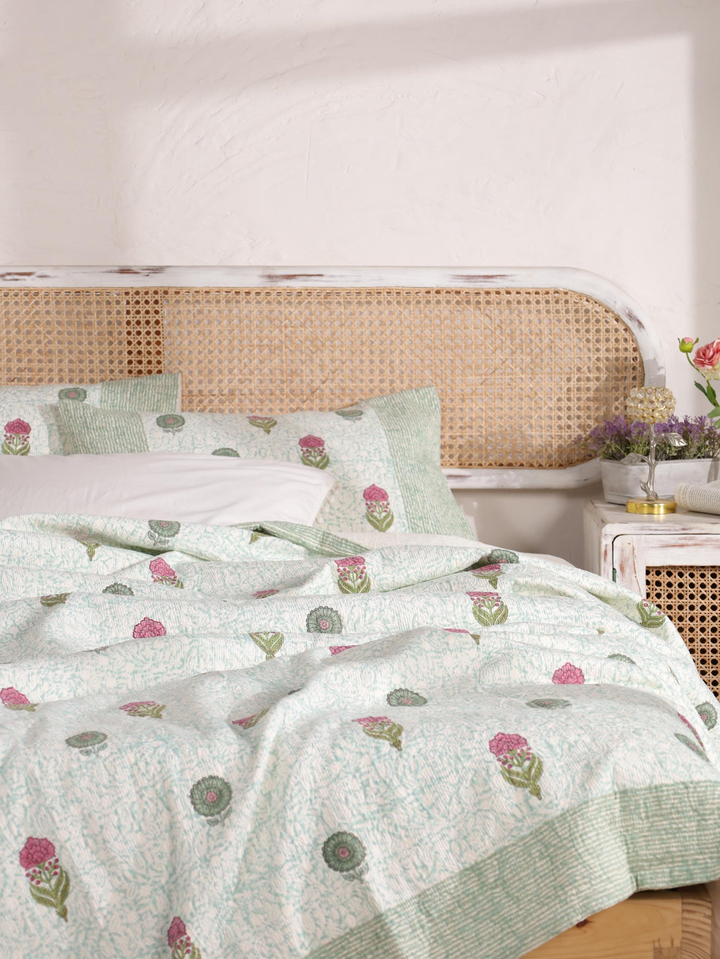 Handmade Jaipur Block Print Duvet Cover - King Size Boho Cotton Bedding with Green Mint Floral