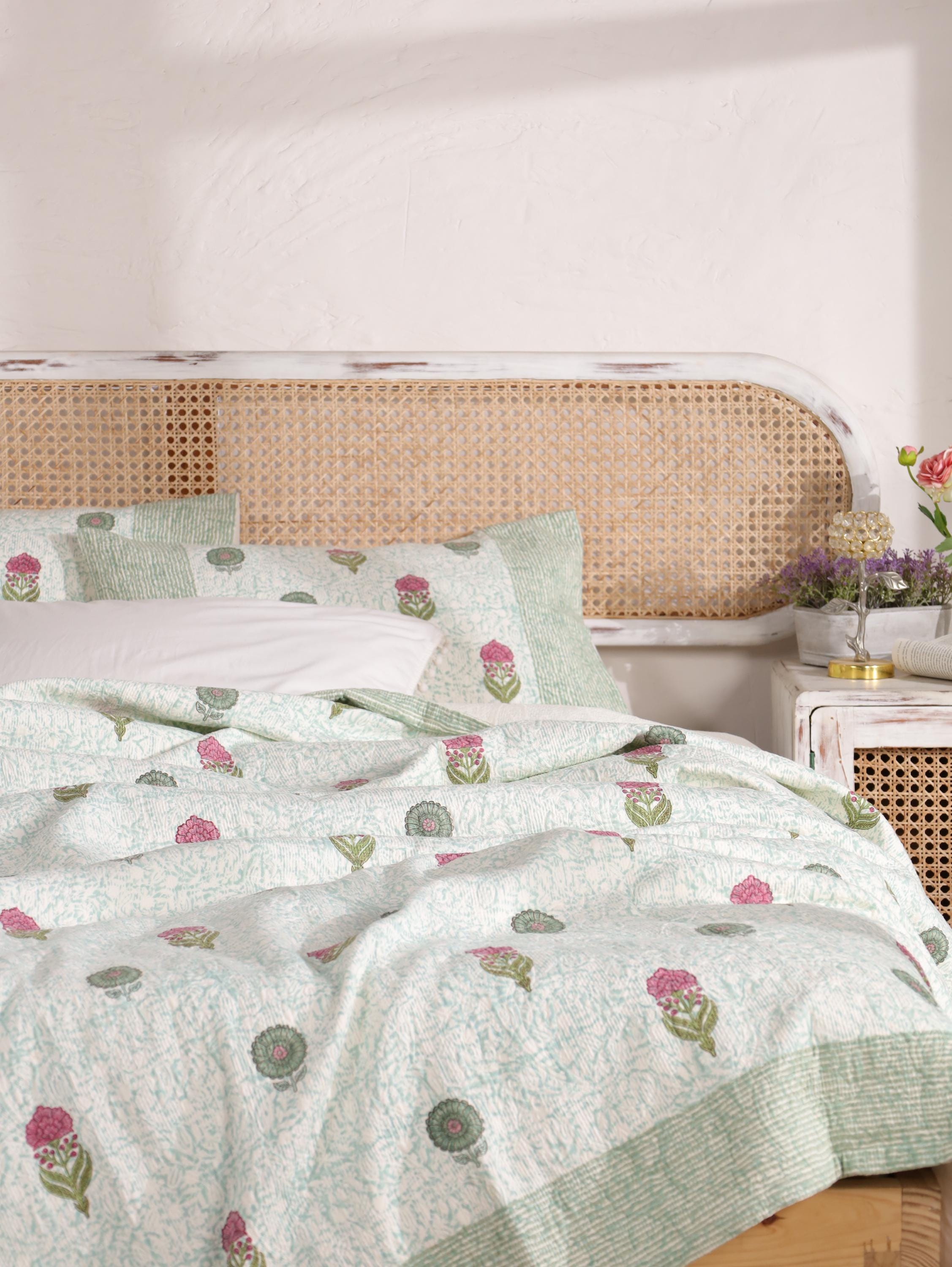 Handmade Jaipur Block Print Duvet Cover - King Size Boho Cotton Bedding with Green Mint Floral