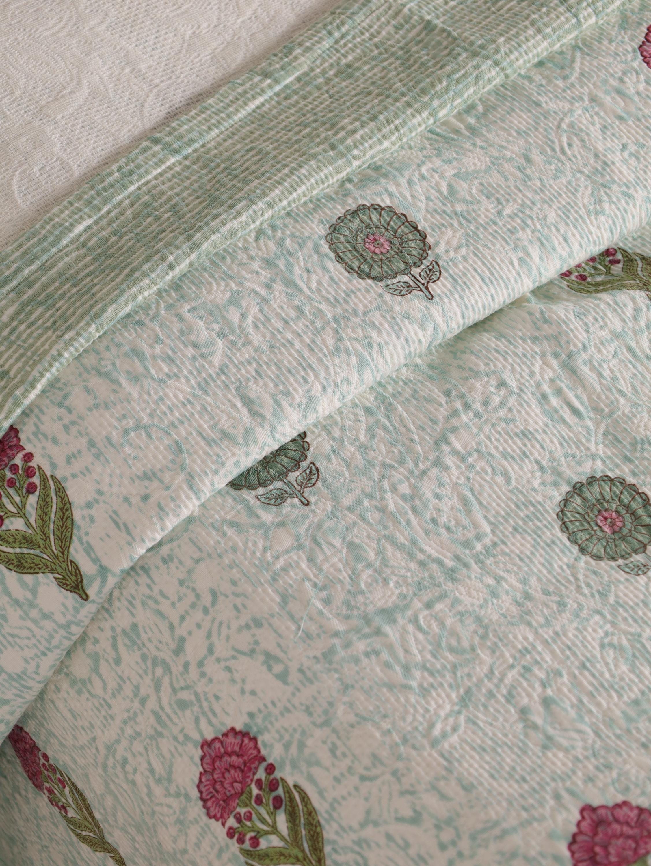 Handmade Jaipur Block Print Duvet Cover - King Size Boho Cotton Bedding with Green Mint Floral