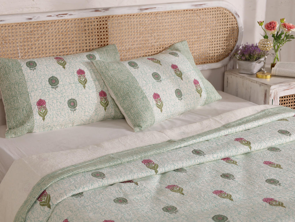 Handmade Jaipur Block Print Duvet Cover - King Size Boho Cotton Bedding with Green Mint Floral