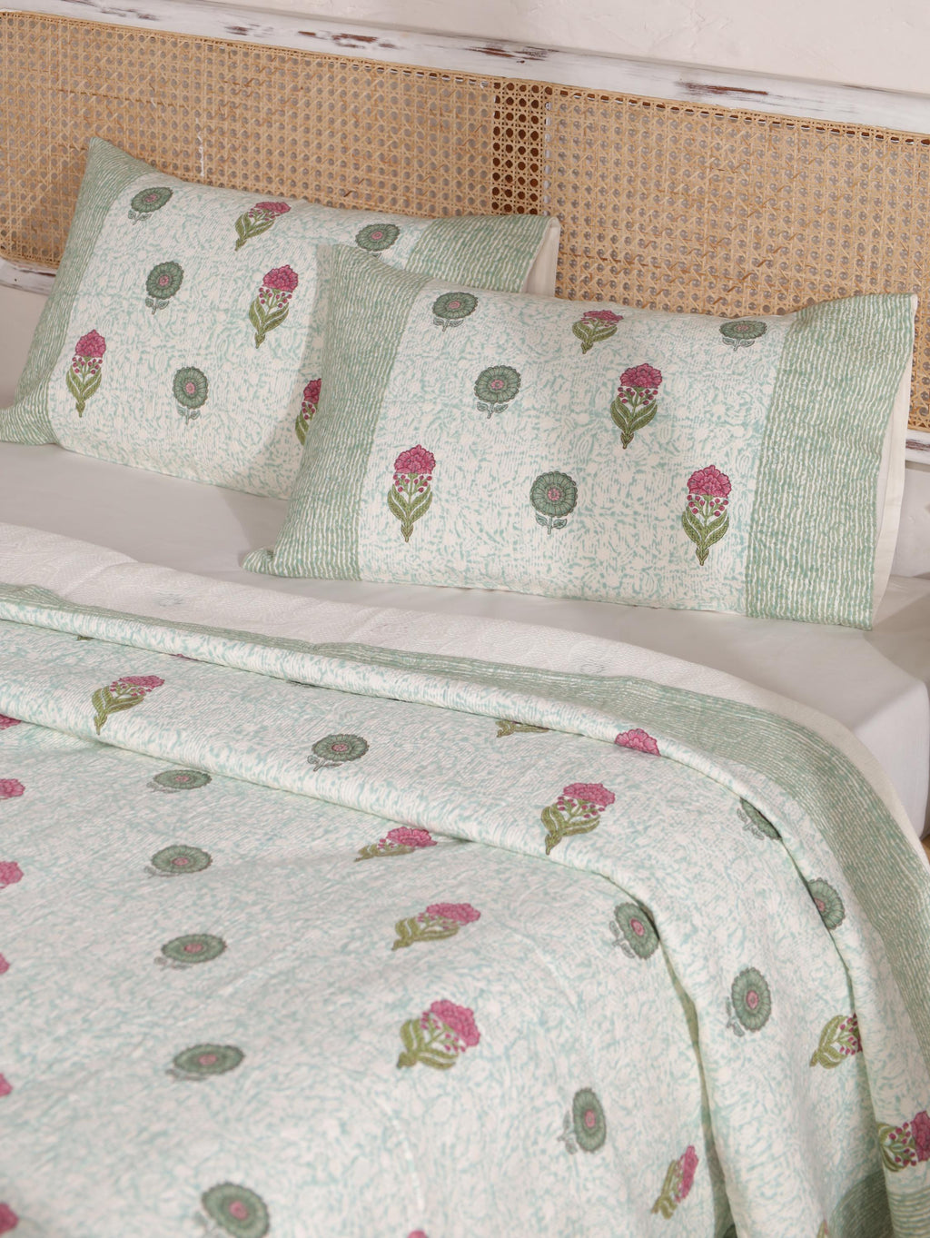 Handmade Jaipur Block Print Duvet Cover - King Size Boho Cotton Bedding with Green Mint Floral