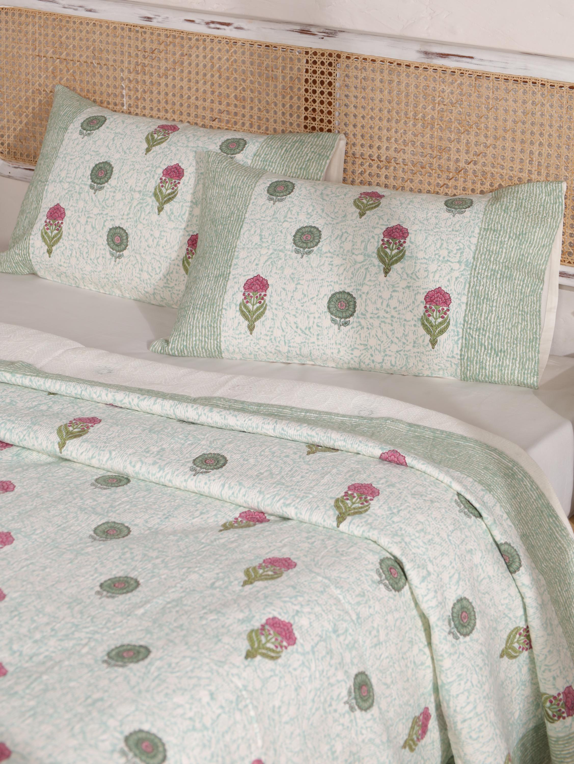 Handmade Jaipur Block Print Duvet Cover - King Size Boho Cotton Bedding with Green Mint Floral