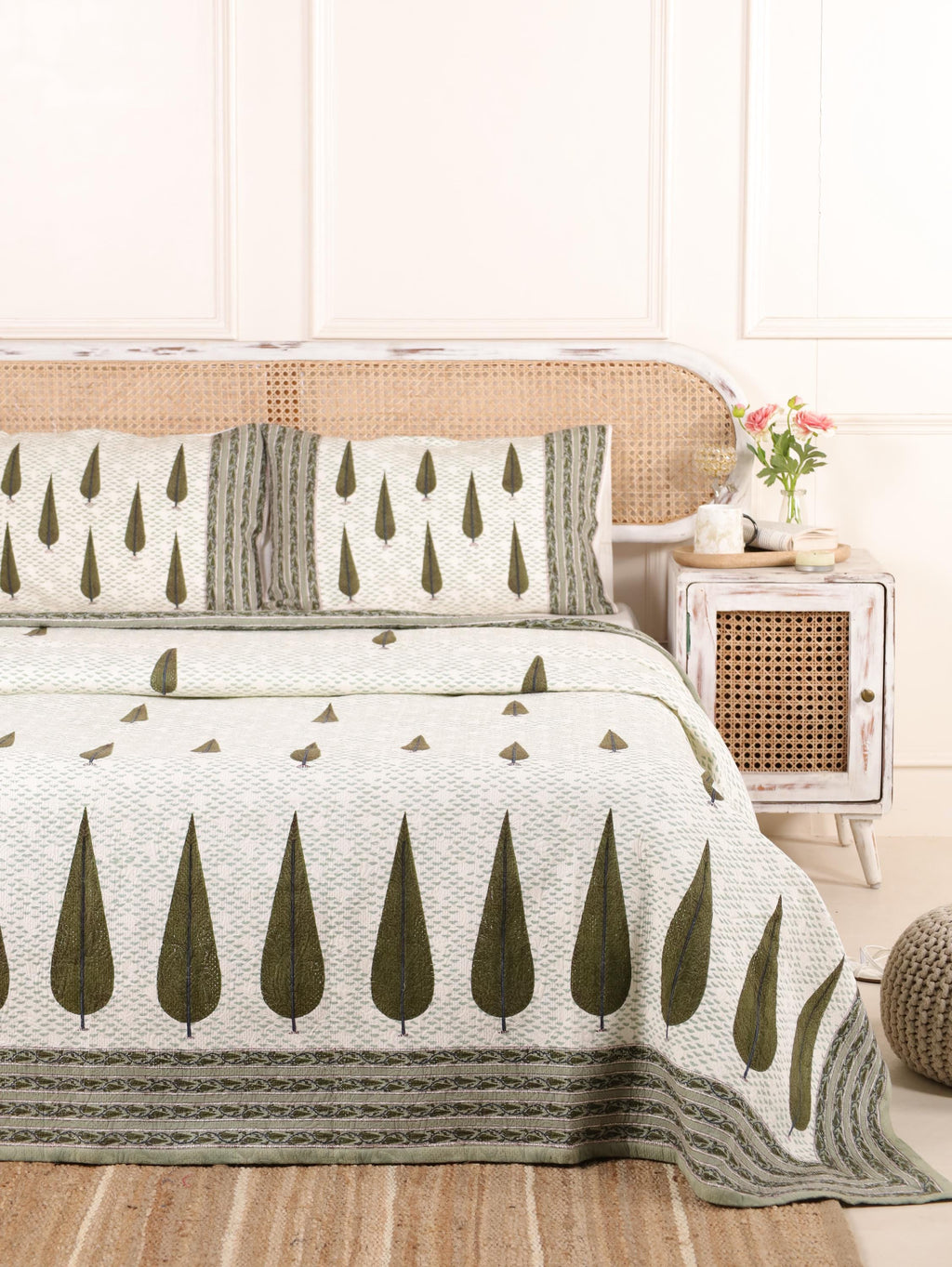 Handmade Jaipur Block Print Duvet Cover - King Size Boho Cotton Bedding Set with Dark Green Botanical